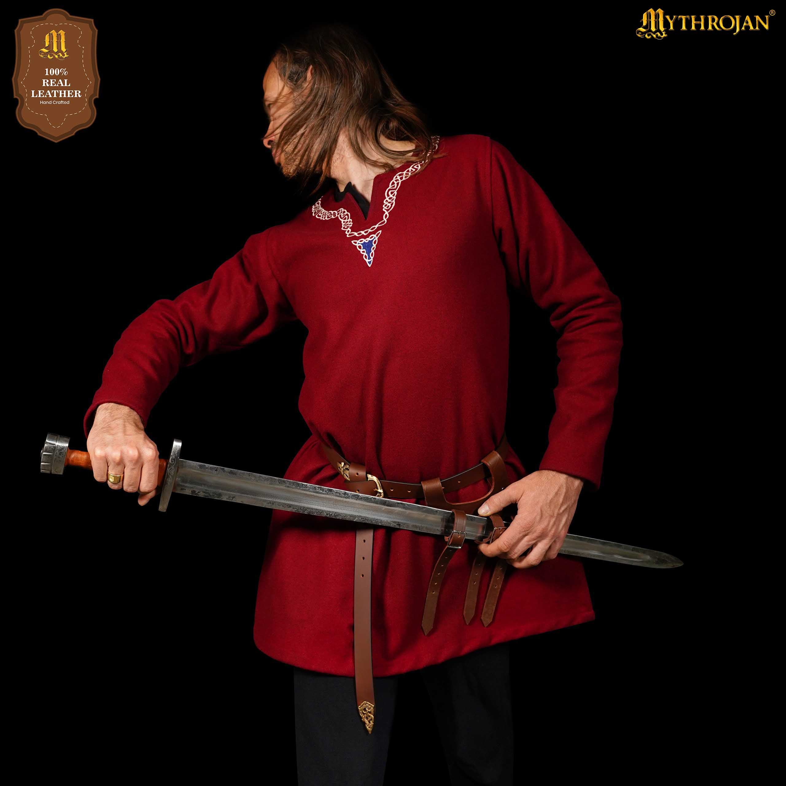 Mythrojan Renaissance Leather Sword Frog LARP Costume Accessory Rapier Knight Sword Belt - Brown