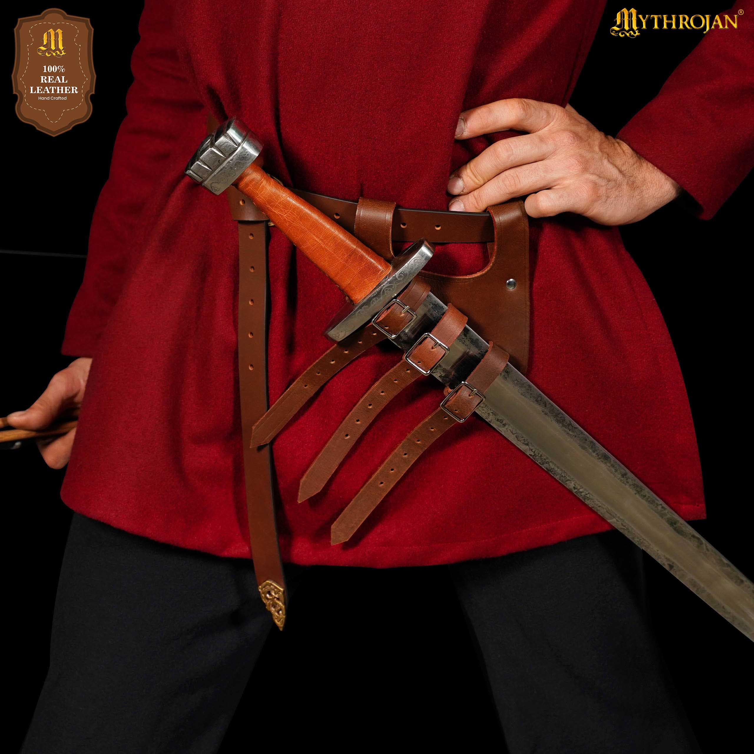 Mythrojan Renaissance Leather Sword Frog LARP Costume Accessory Rapier Knight Sword Belt - Brown
