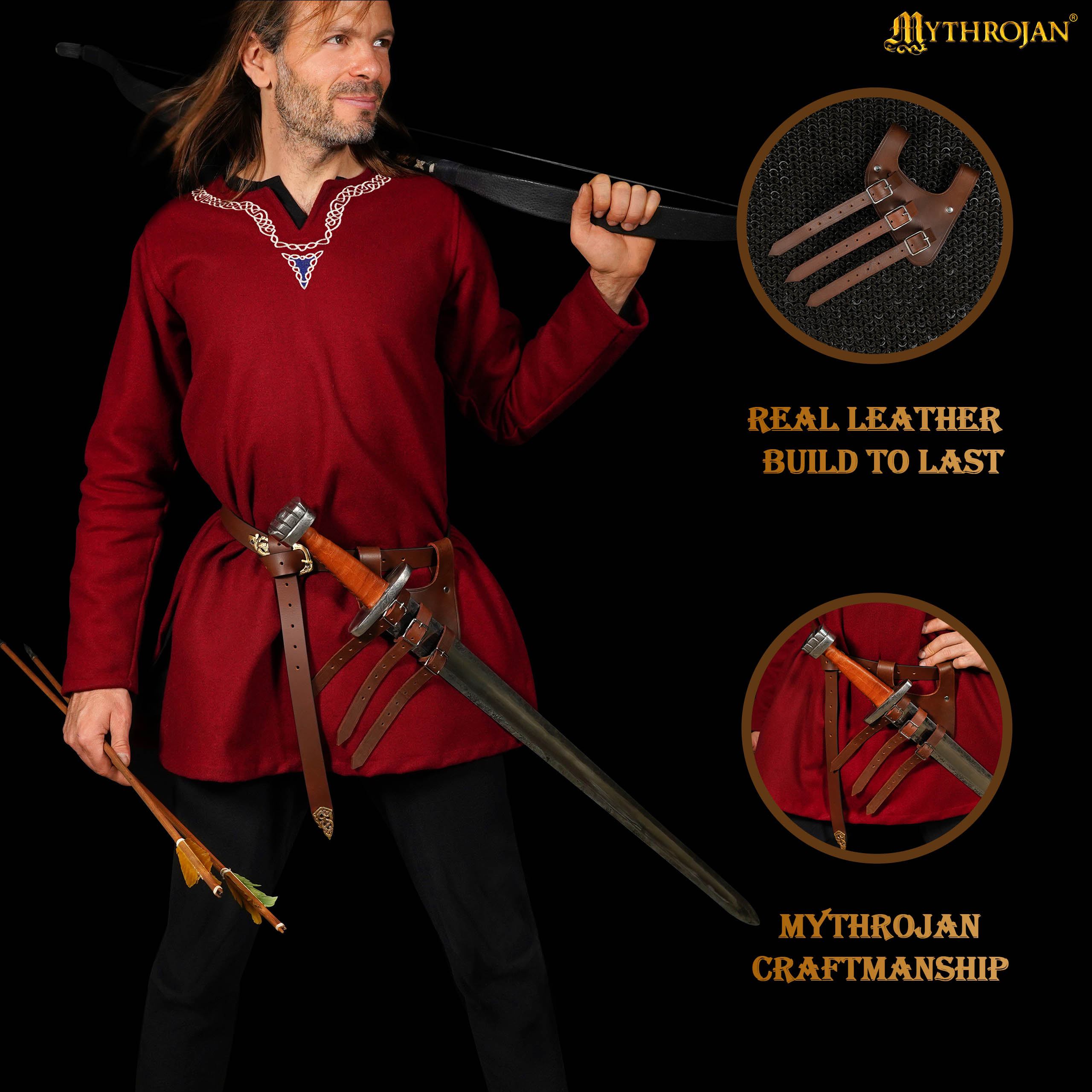Mythrojan Renaissance Leather Sword Frog LARP Costume Accessory Rapier Knight Sword Belt - Brown