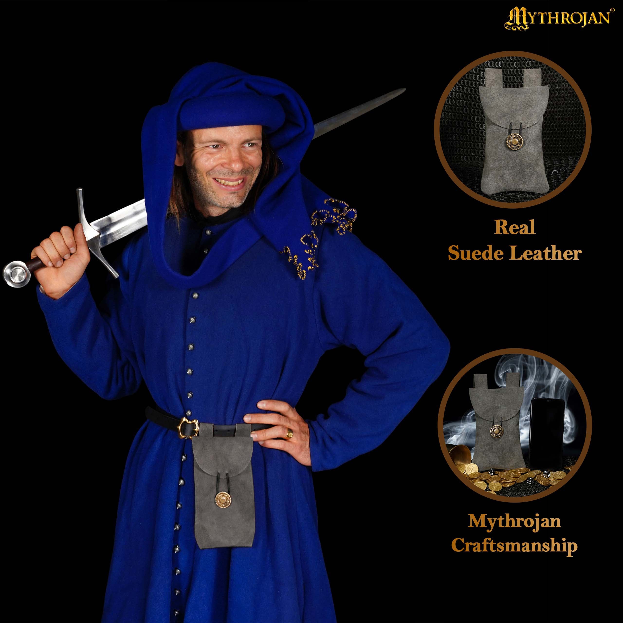 Mythrojan Suede Belt Bag, ideal for SCA LARP reenactment & Ren fair, Suede Leather, Grey, 7.2”×4.7”