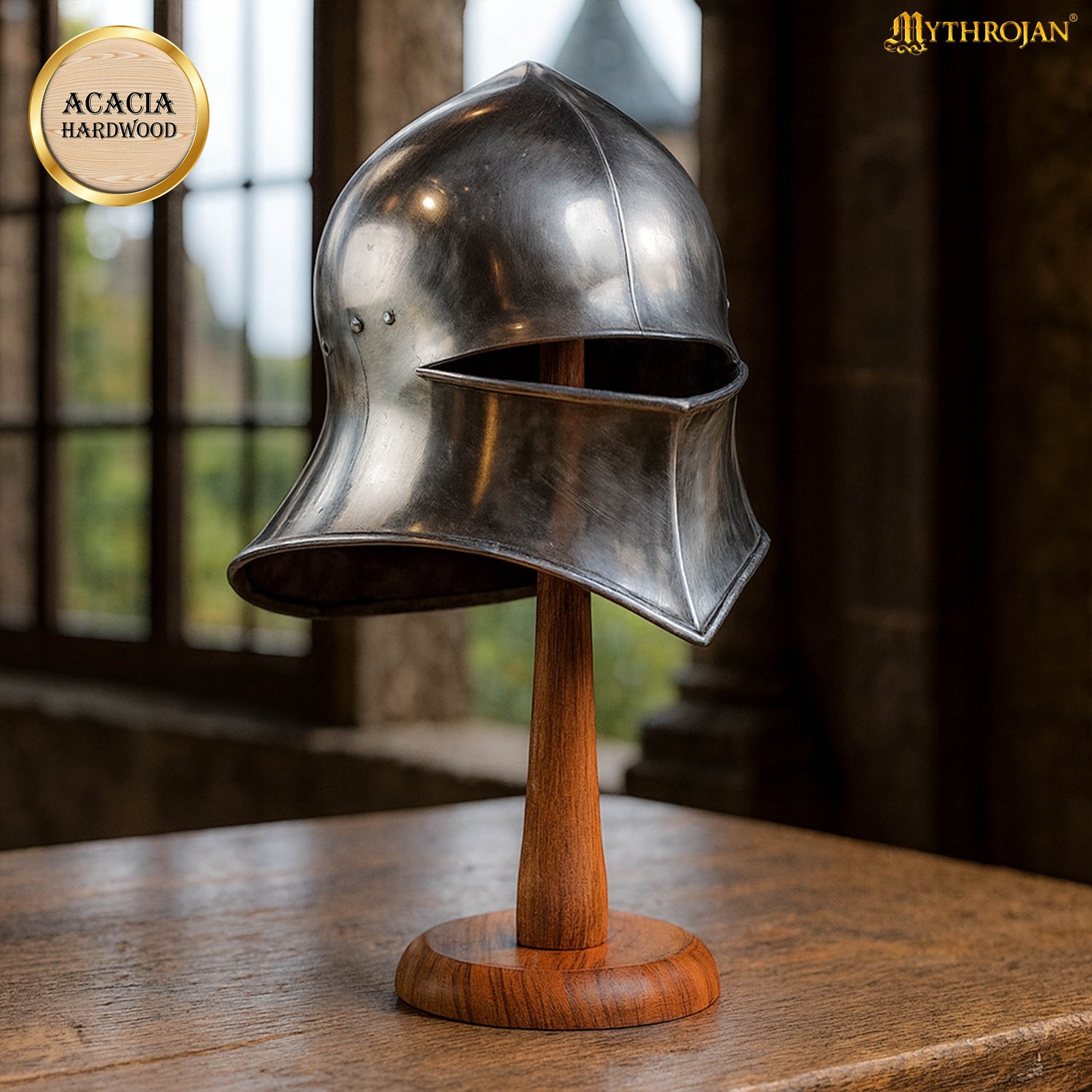 Mythrojan 14.5 Inch SOLID WOOD HAT DISPLAY STAND Sturdy Wooden Display Stand for Medieval Renaissance Cosplay Halloween Pin up Retro Hats - NATURAL