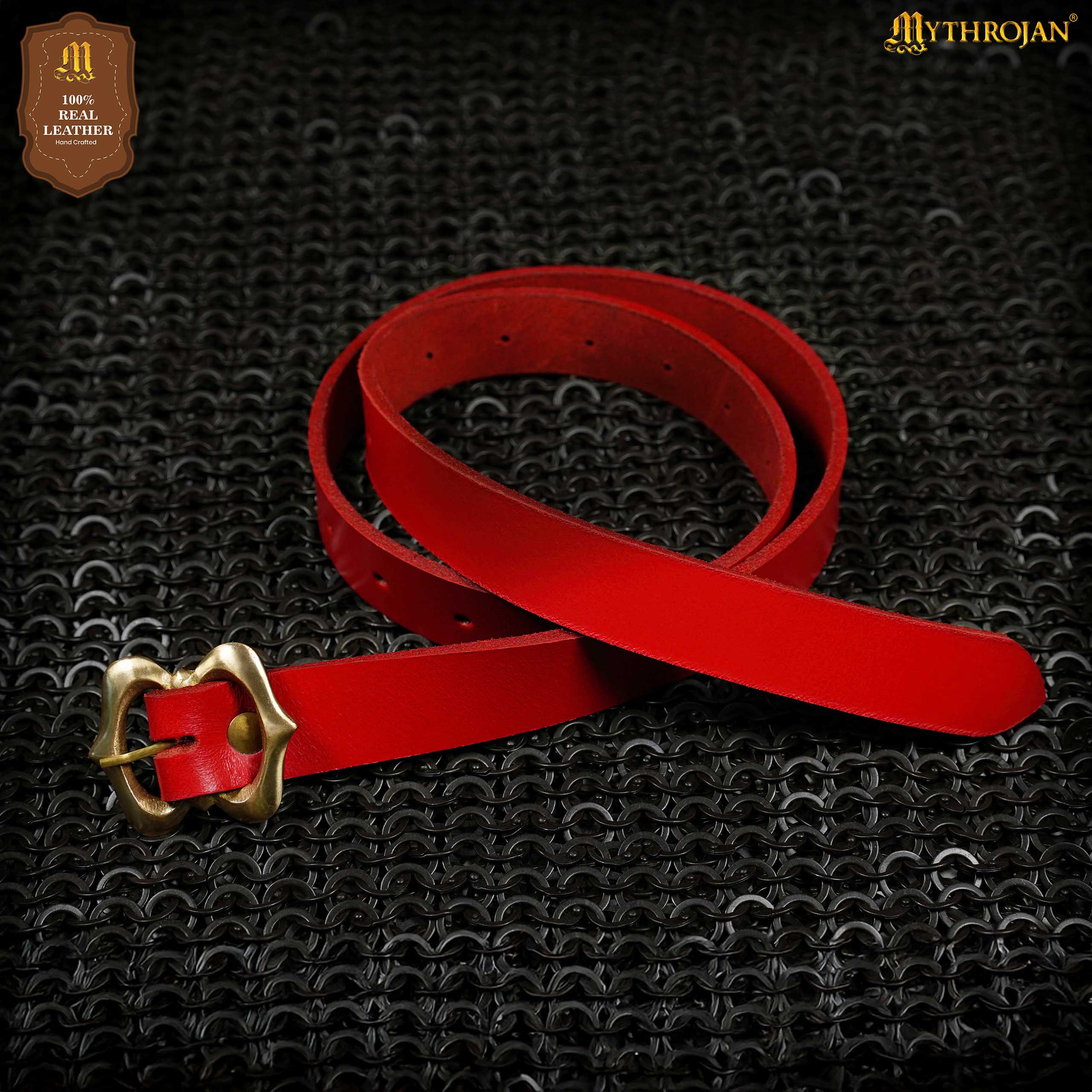 Mythrojan Medieval Red Leather Renaissance Viking Belt with Brass Buckle - Red