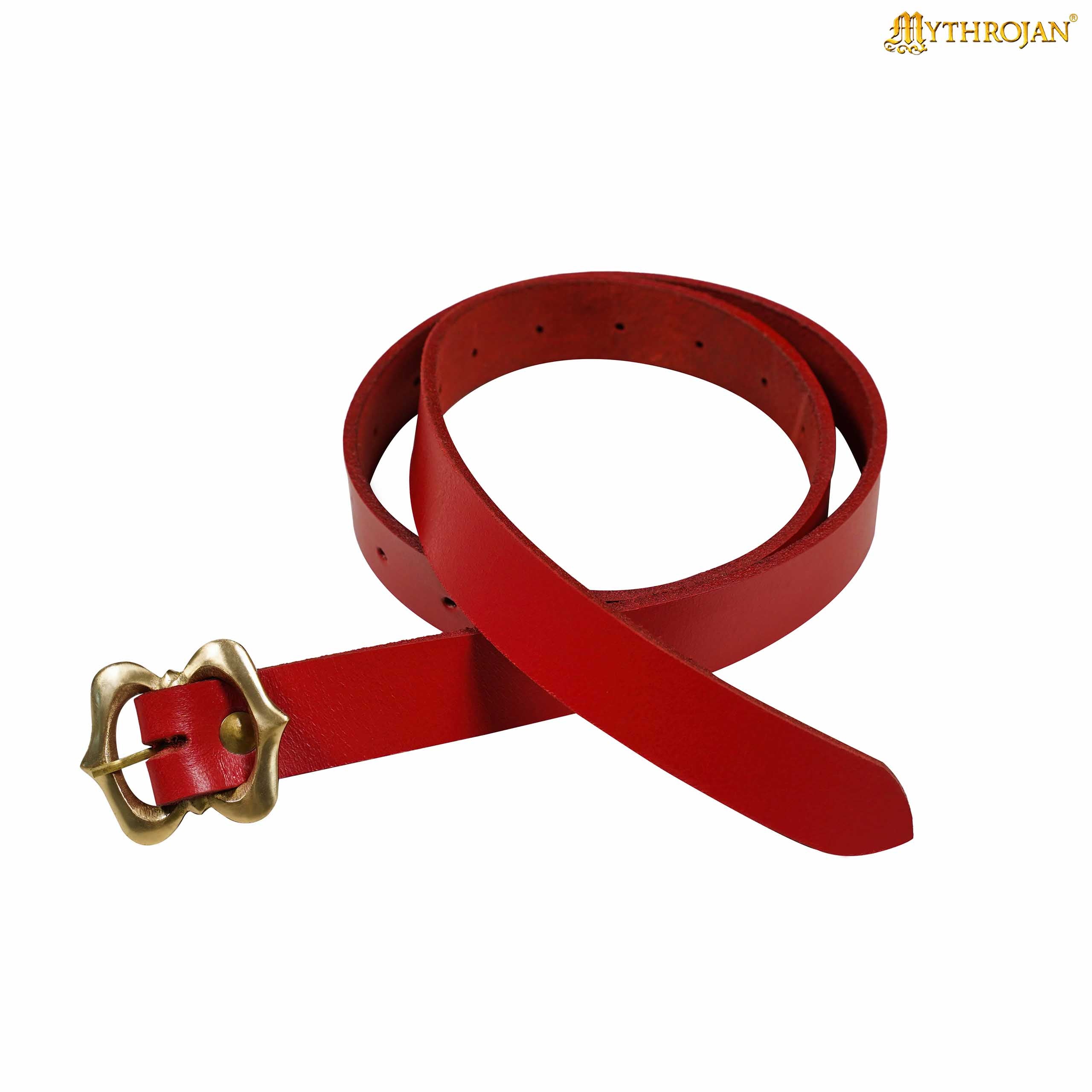 Mythrojan Medieval Red Leather Renaissance Viking Belt with Brass Buckle - Red