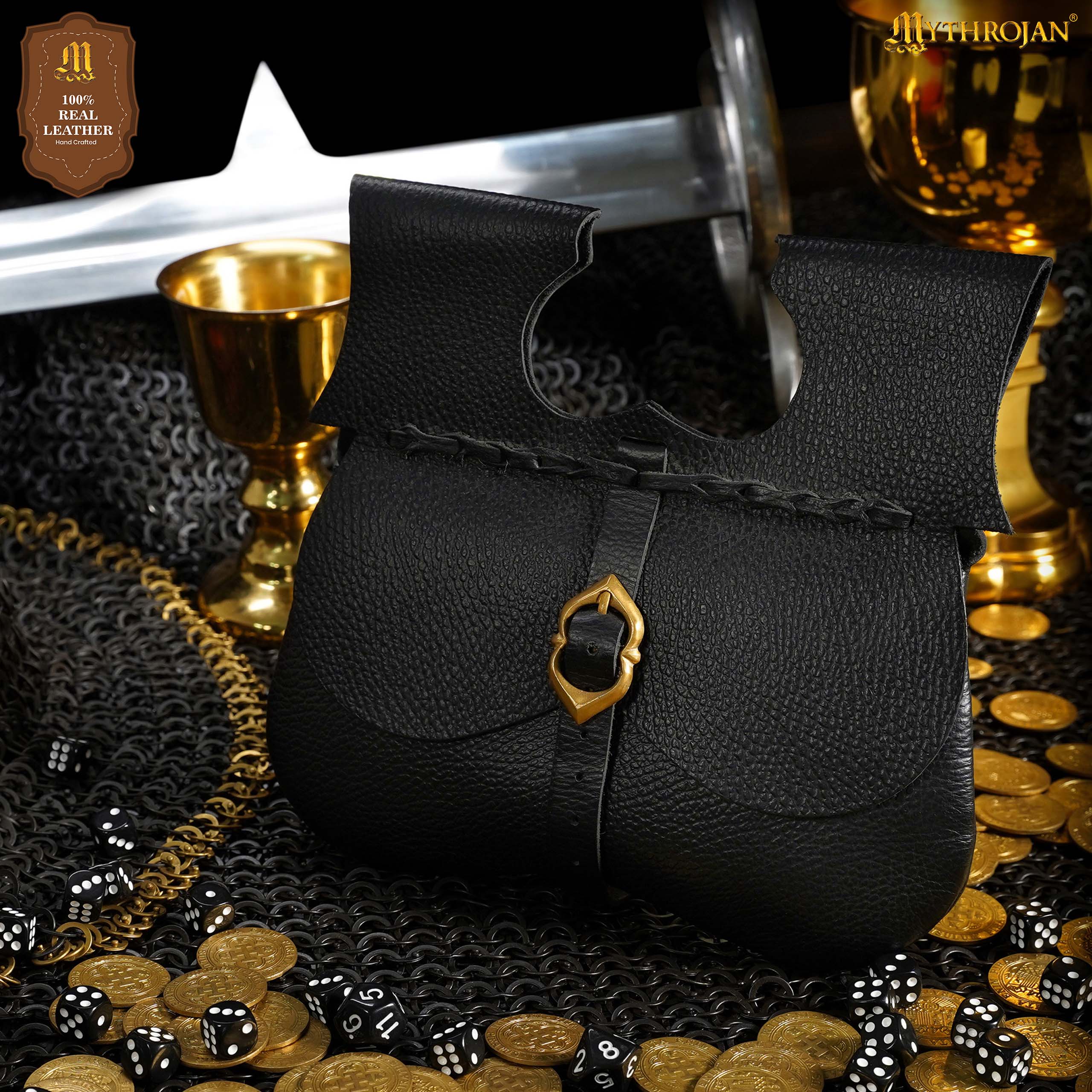 Mythrojan Medieval Leather Kidney Pouch with Brass Buckle