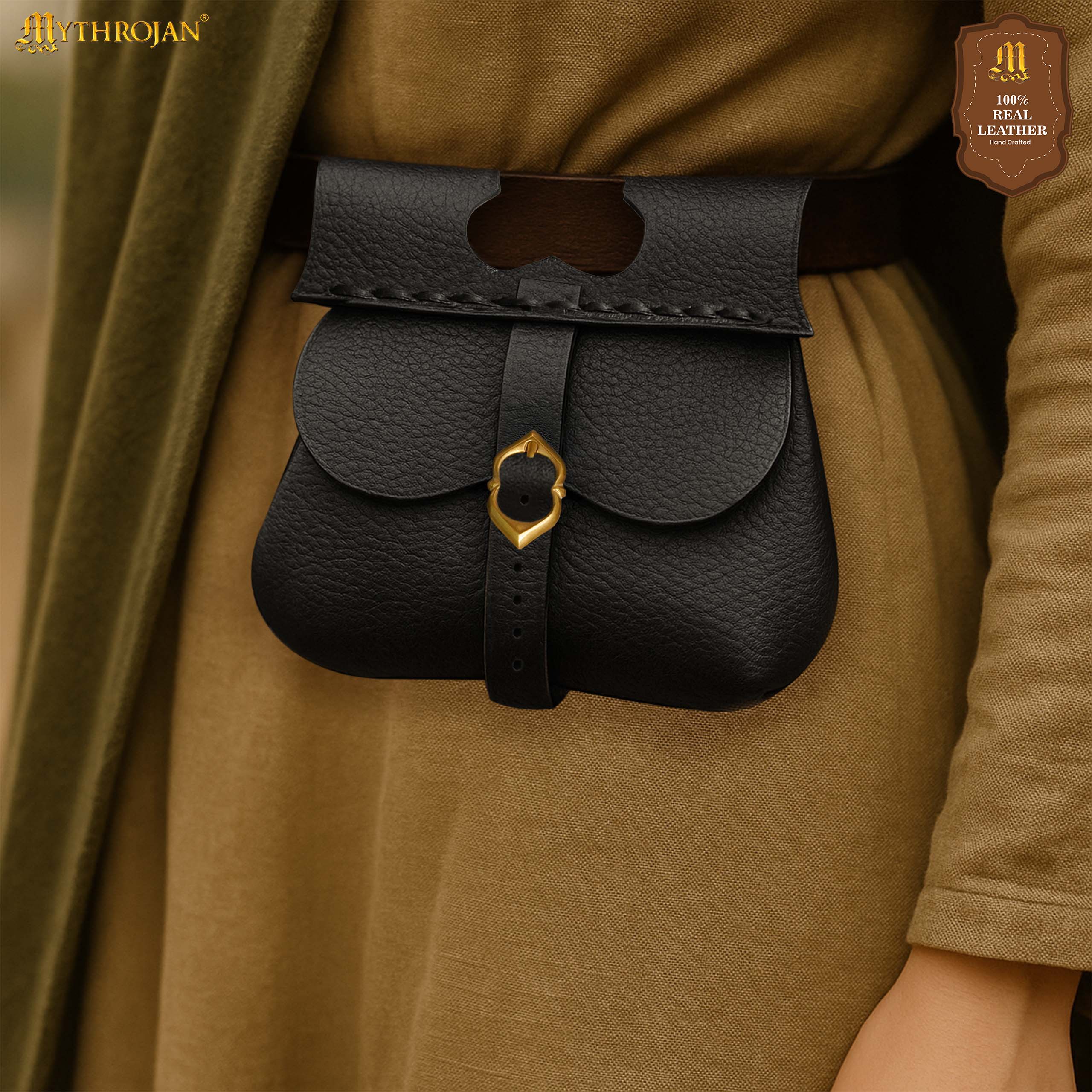 Mythrojan Medieval Leather Kidney Pouch with Brass Buckle