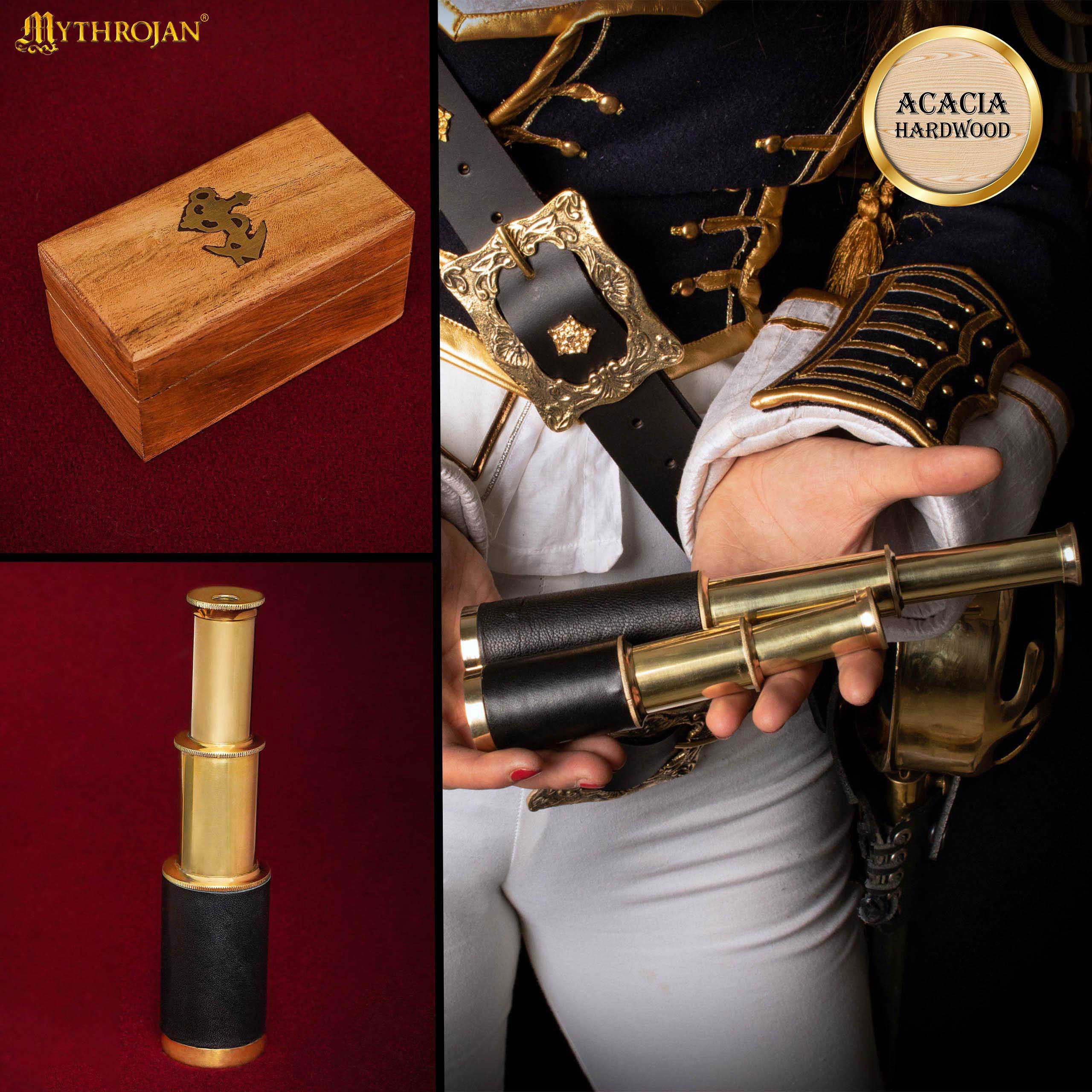 Mythrojan Mini Pirate Spyglass Telescope Brass Colapsable Hand Telescope with Wooden Box Small Vintage Telescope Pirate Decore Brass Decorative Telescope - Black 6