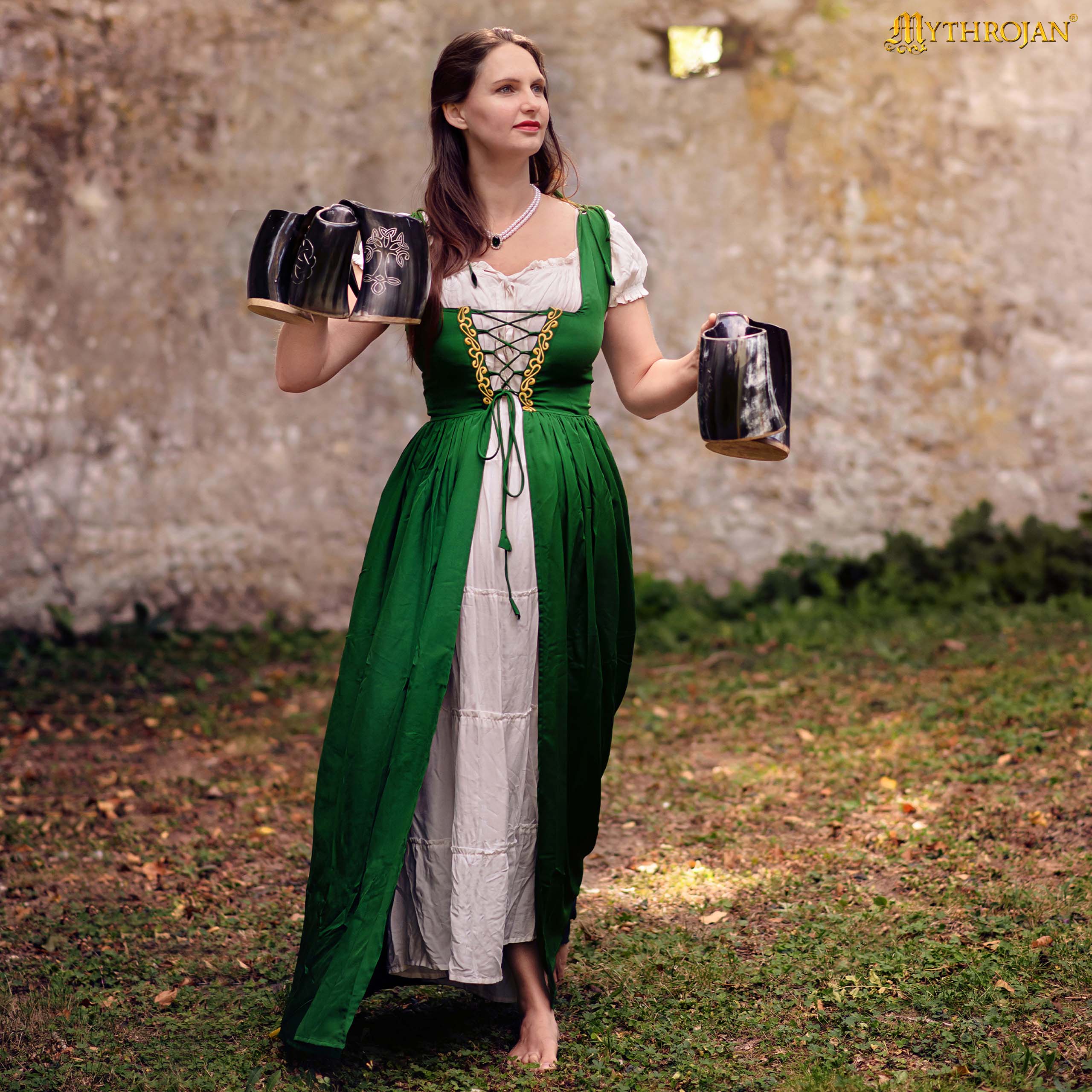 Mythrojan Traditional Irish Celtic Dress : Chemise and Over Dress Medieval Renaissance Costume SCA LARP : Green