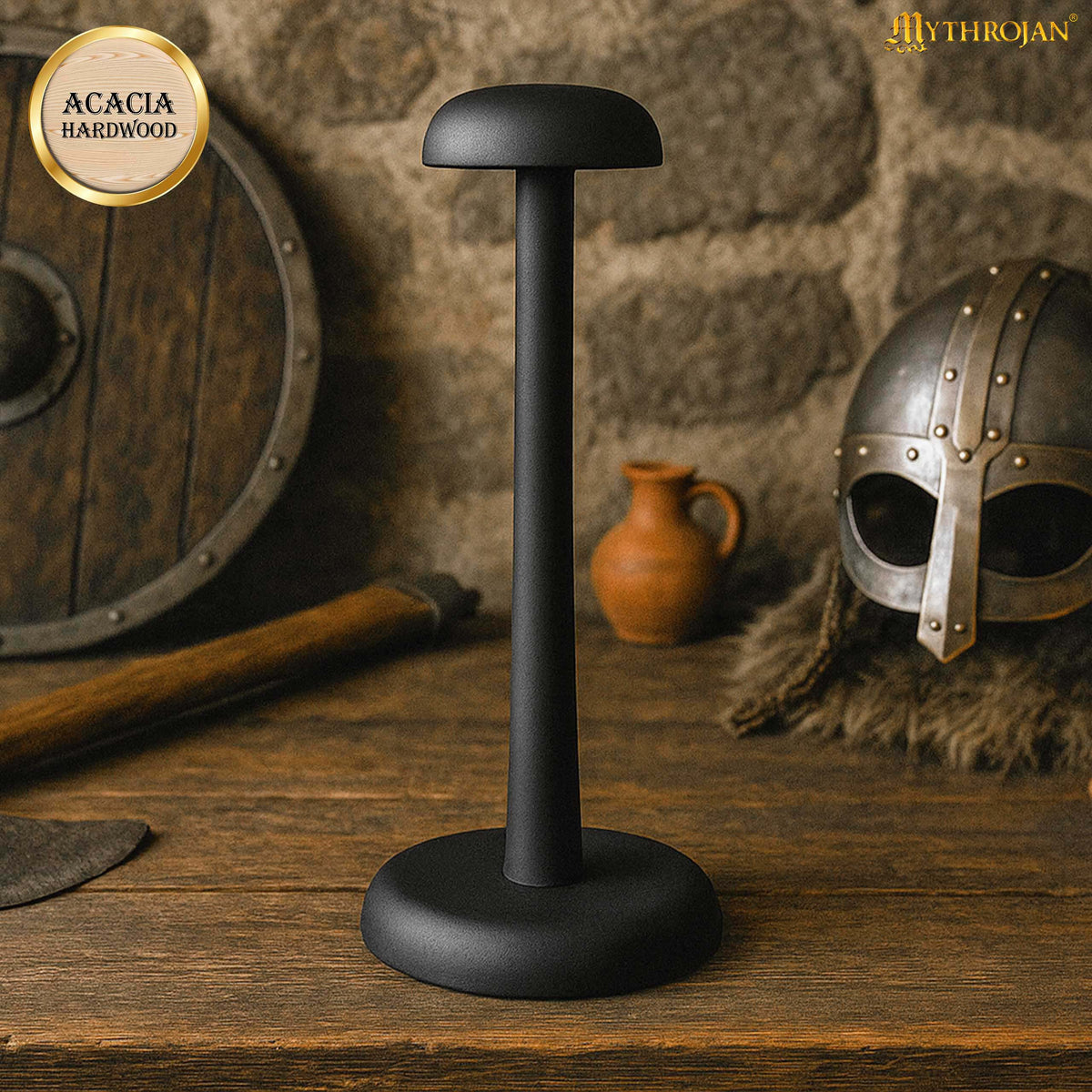 Mythrojan 14.5 Inch SOLID WOOD HAT DISPLAY STAND Sturdy Wooden Display Stand for Medieval Renaissance Cosplay Halloween Pin up Retro Hats - NATURAL