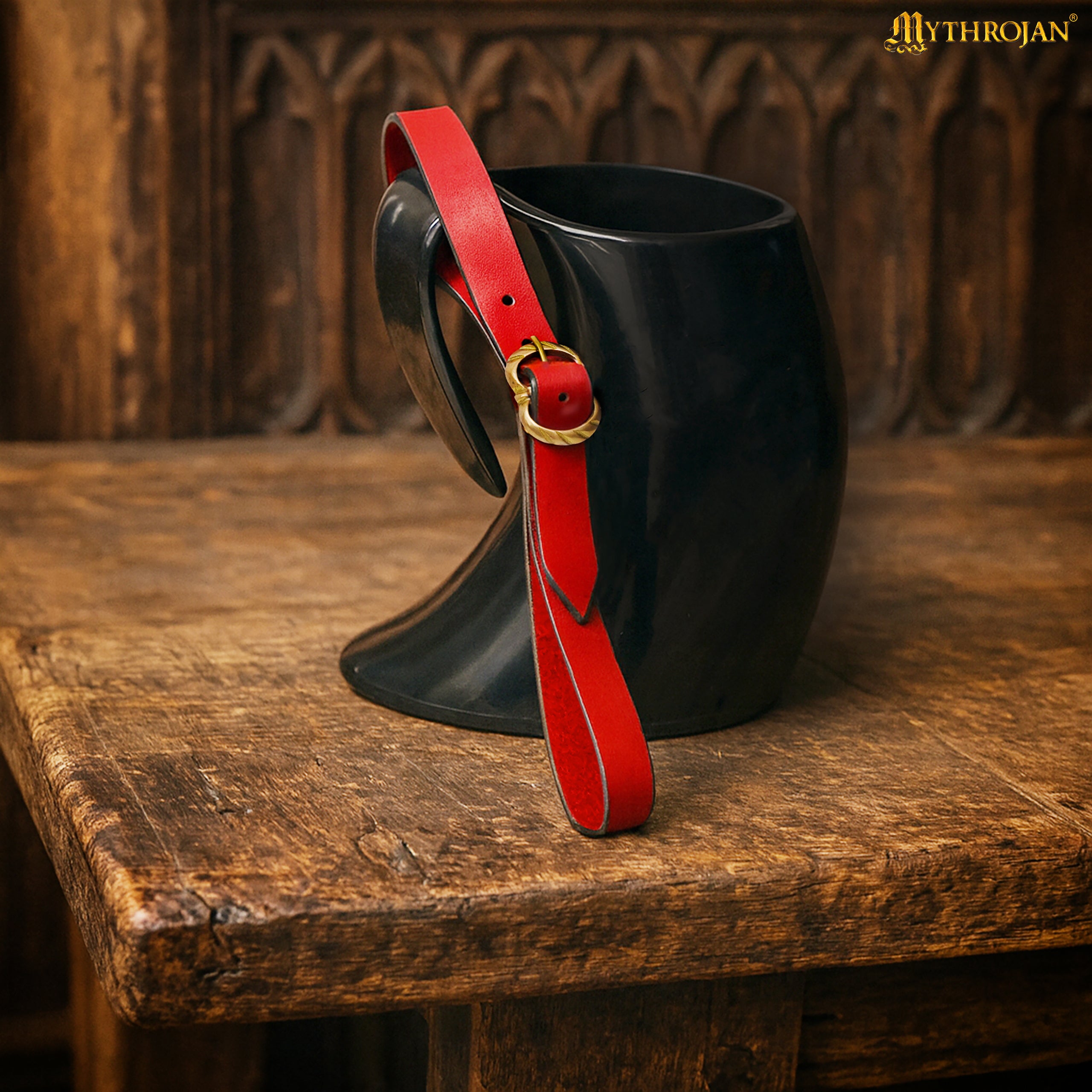Mythrojan Tankard Leather Strap with Solid Brass Buckle, Ideal for Horn Tankard and Mugs, LARP SCA Medieval Renaissance Knight Viking Reenactment, Red, 15.3”×0.7”