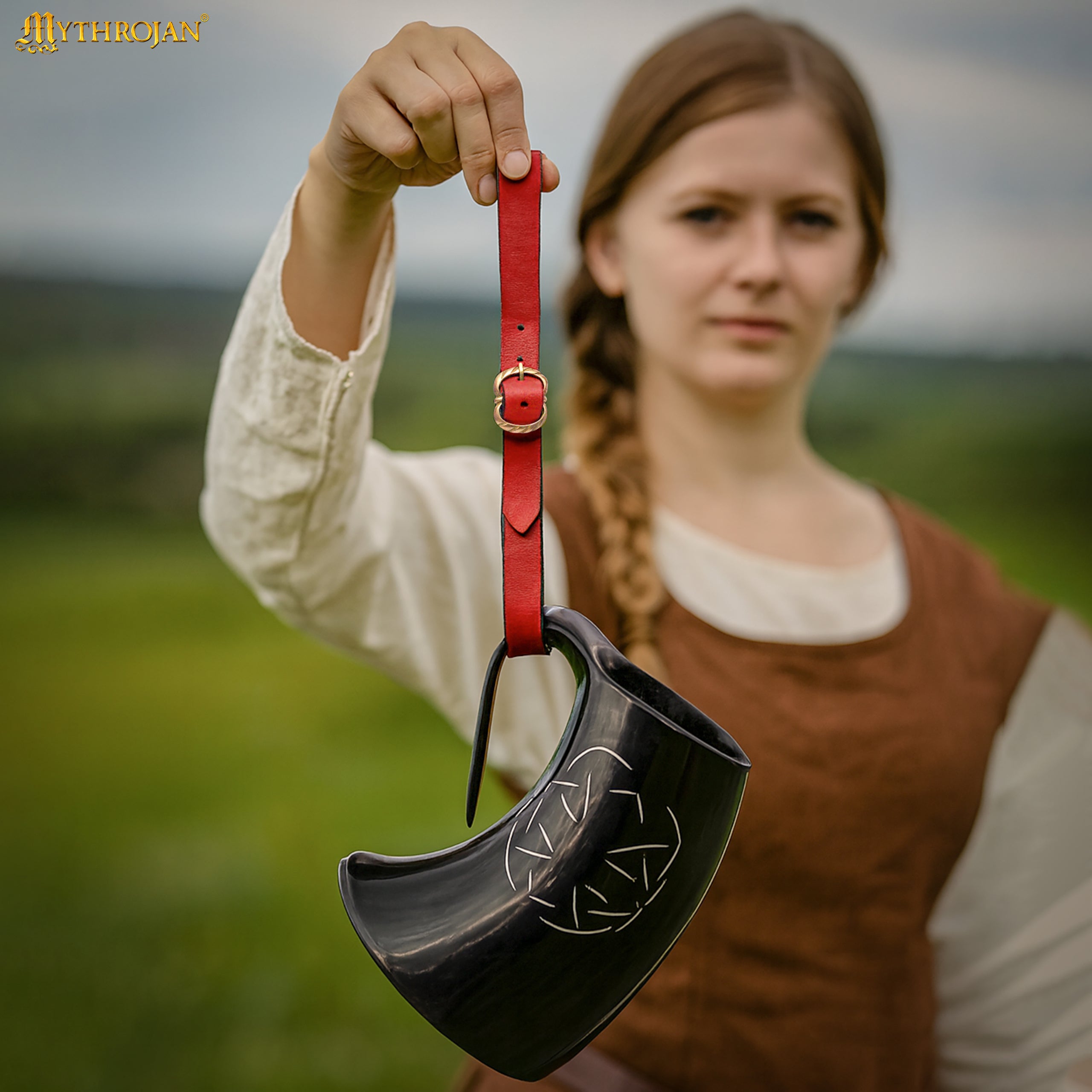 Mythrojan Tankard Leather Strap with Solid Brass Buckle, Ideal for Horn Tankard and Mugs, LARP SCA Medieval Renaissance Knight Viking Reenactment, Red, 15.3”×0.7”