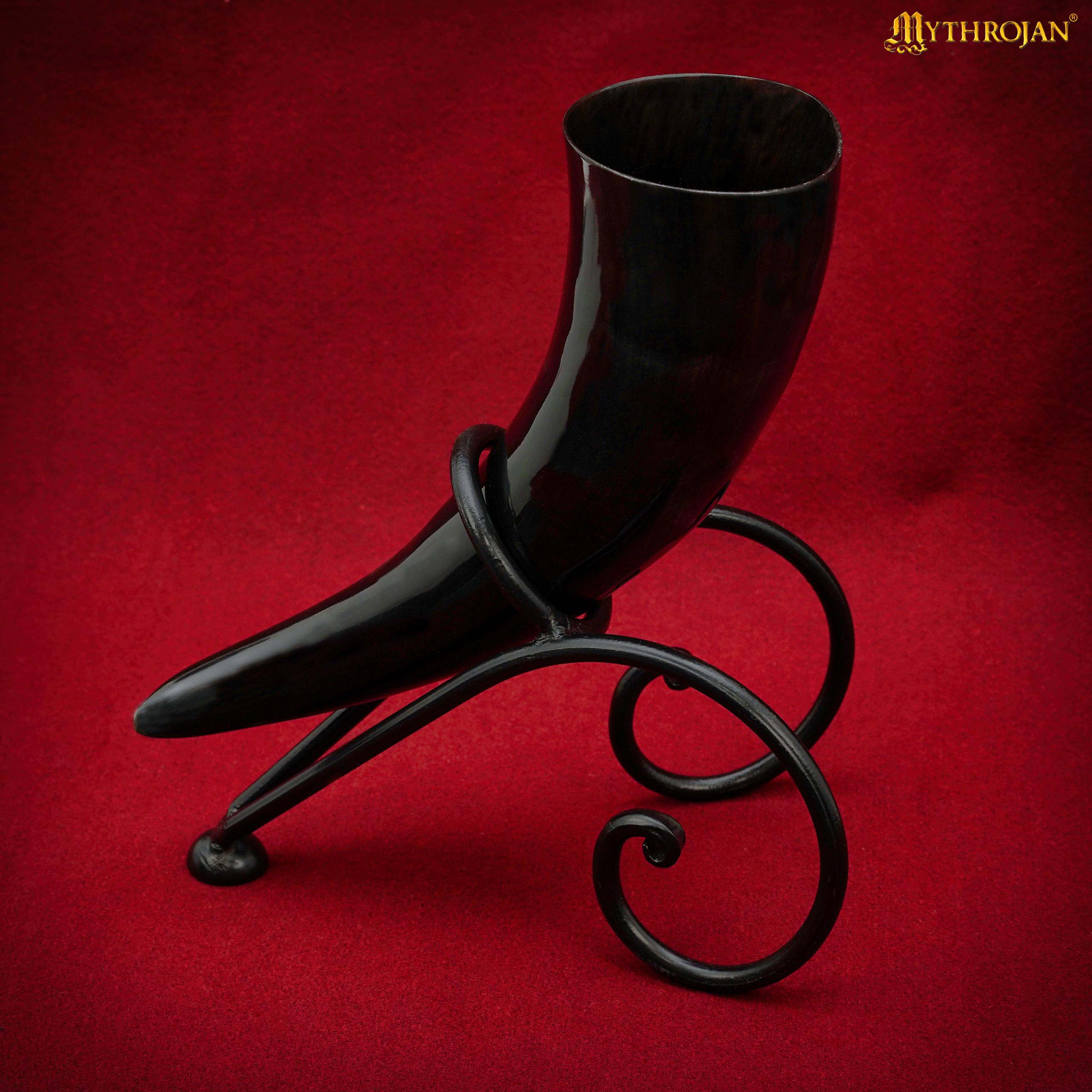 Mythrojan Hand Forged Drinking Ale Horn Rack Twisted Iron Ale Mead Horn Stand Medieval & Viking - Length 8.5" x Height 5.5"