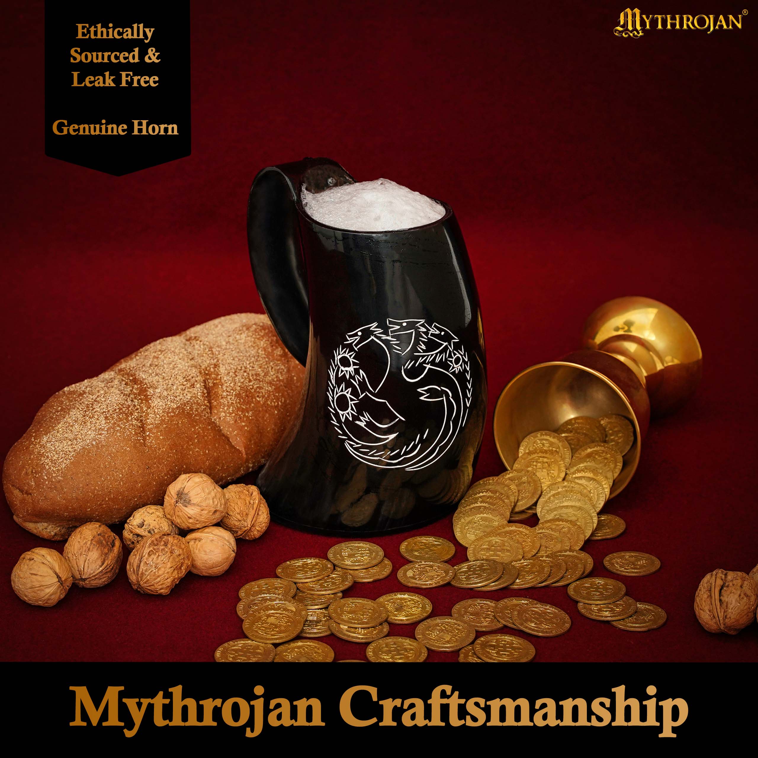 Mythrojan Tumbler Viking Drinking Cup with Handle & Medieval Buckle Renaissance with Leather Strap - Dragon