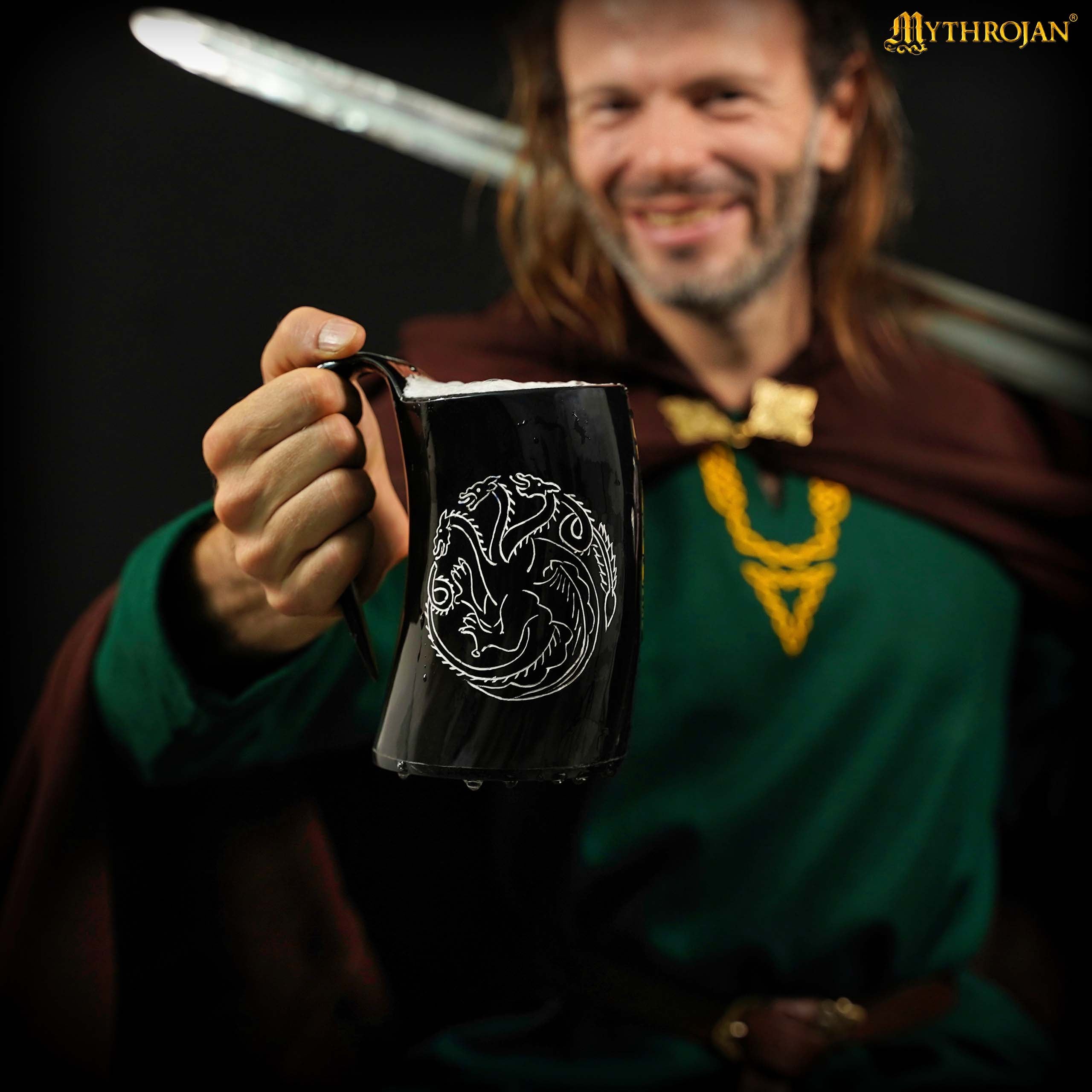 Mythrojan Tumbler Viking Drinking Cup with Handle & Medieval Buckle Renaissance with Leather Strap - Dragon