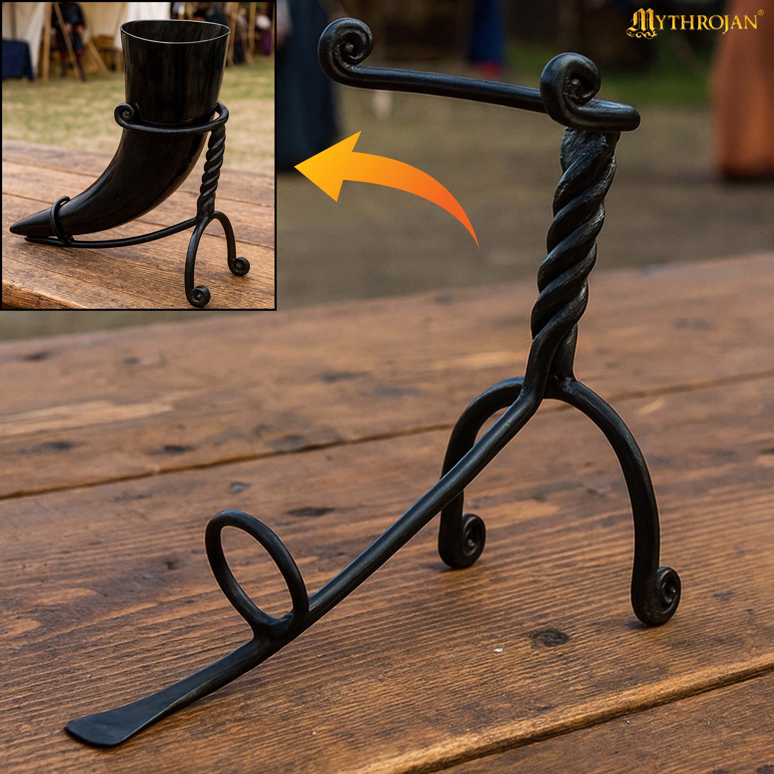 Mythrojan Hand Forged Drinking Ale Horn Rack Twisted Iron Ale Mead Horn Stand Medieval & Viking - Classic