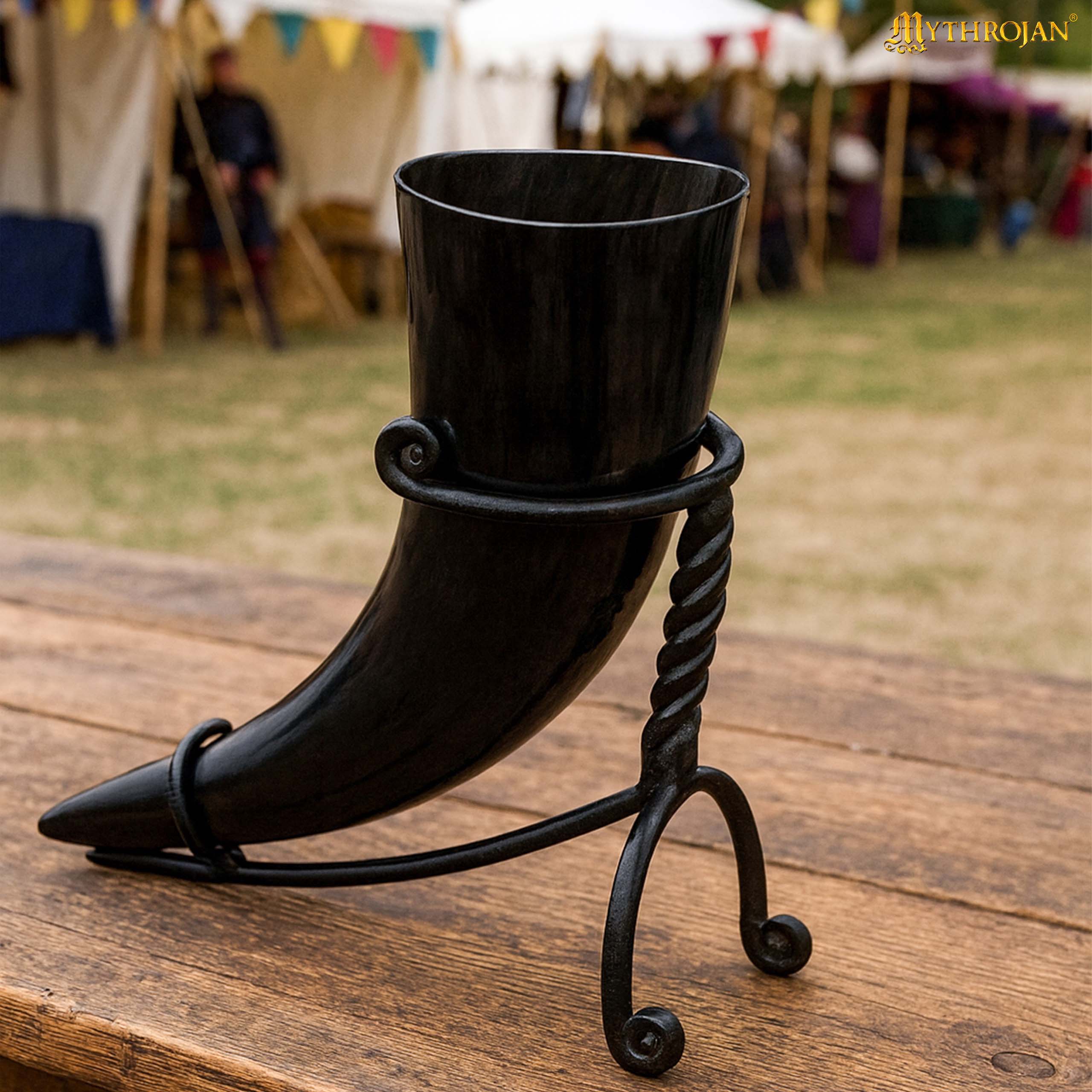 Mythrojan Hand Forged Drinking Ale Horn Rack Twisted Iron Ale Mead Horn Stand Medieval & Viking - Classic