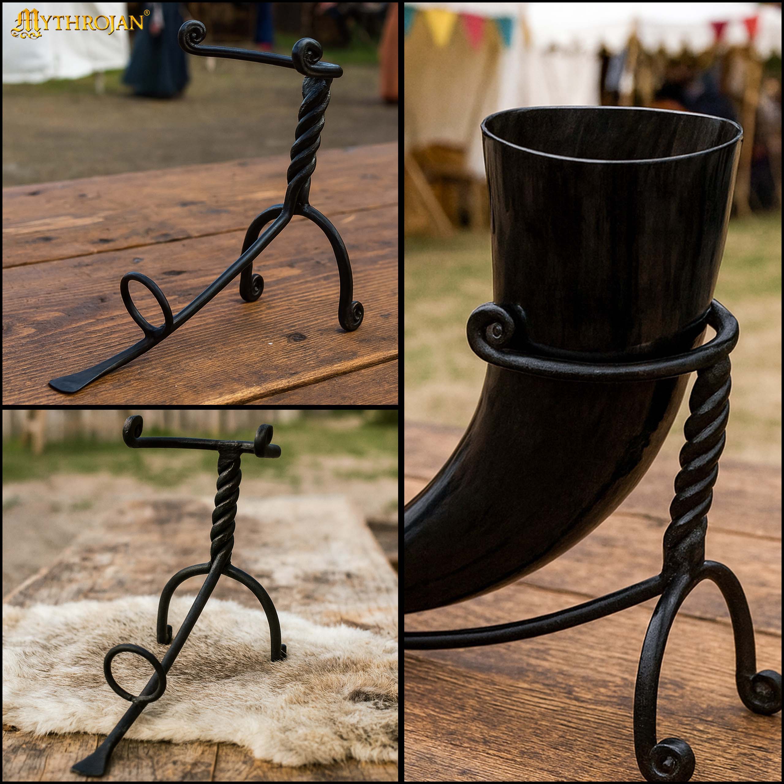 Mythrojan Hand Forged Drinking Ale Horn Rack Twisted Iron Ale Mead Horn Stand Medieval & Viking - Classic