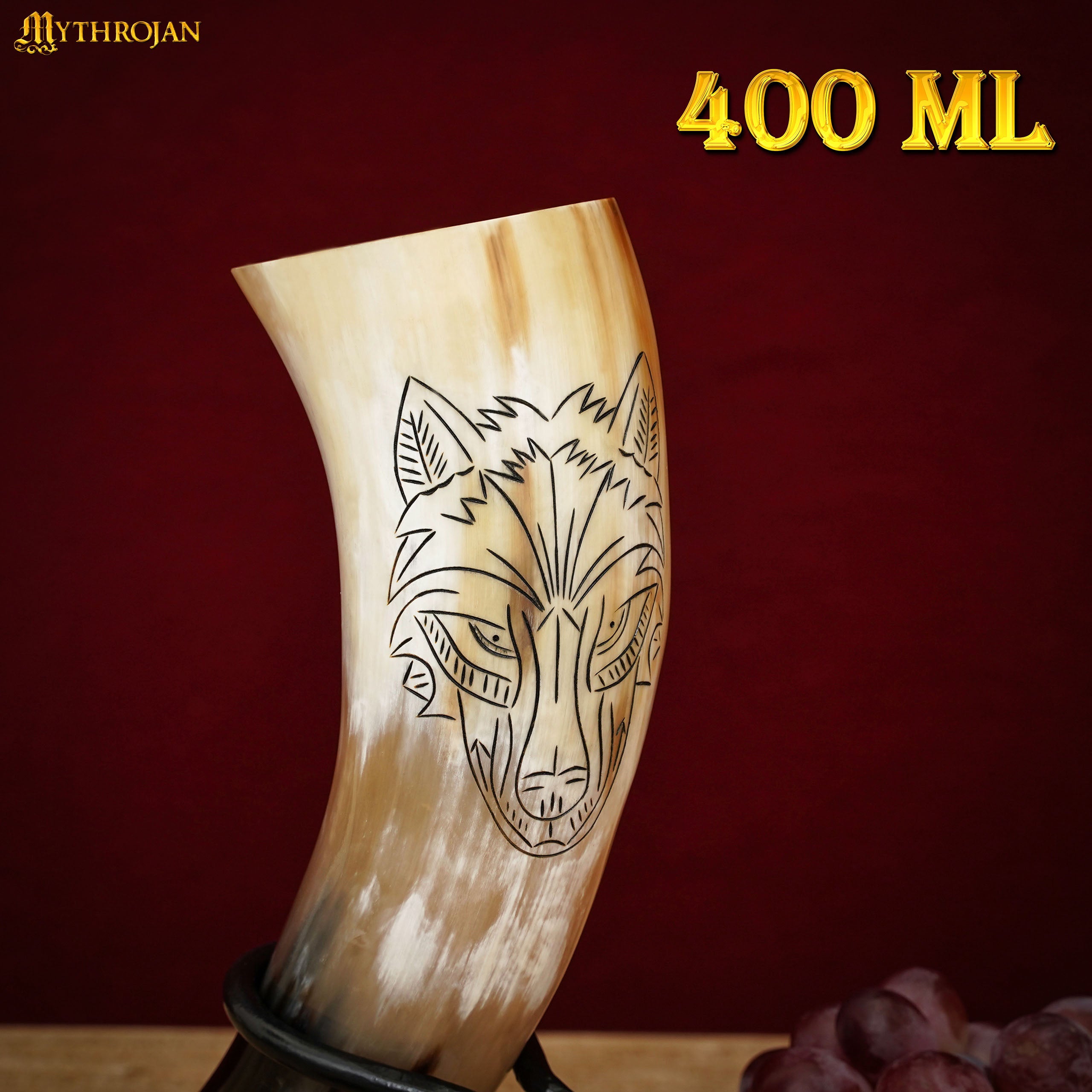 Mythrojan Wolf Drinking Horn Authentic Medieval Inspired Viking Wine/Mead 400 ML - Polished Finish