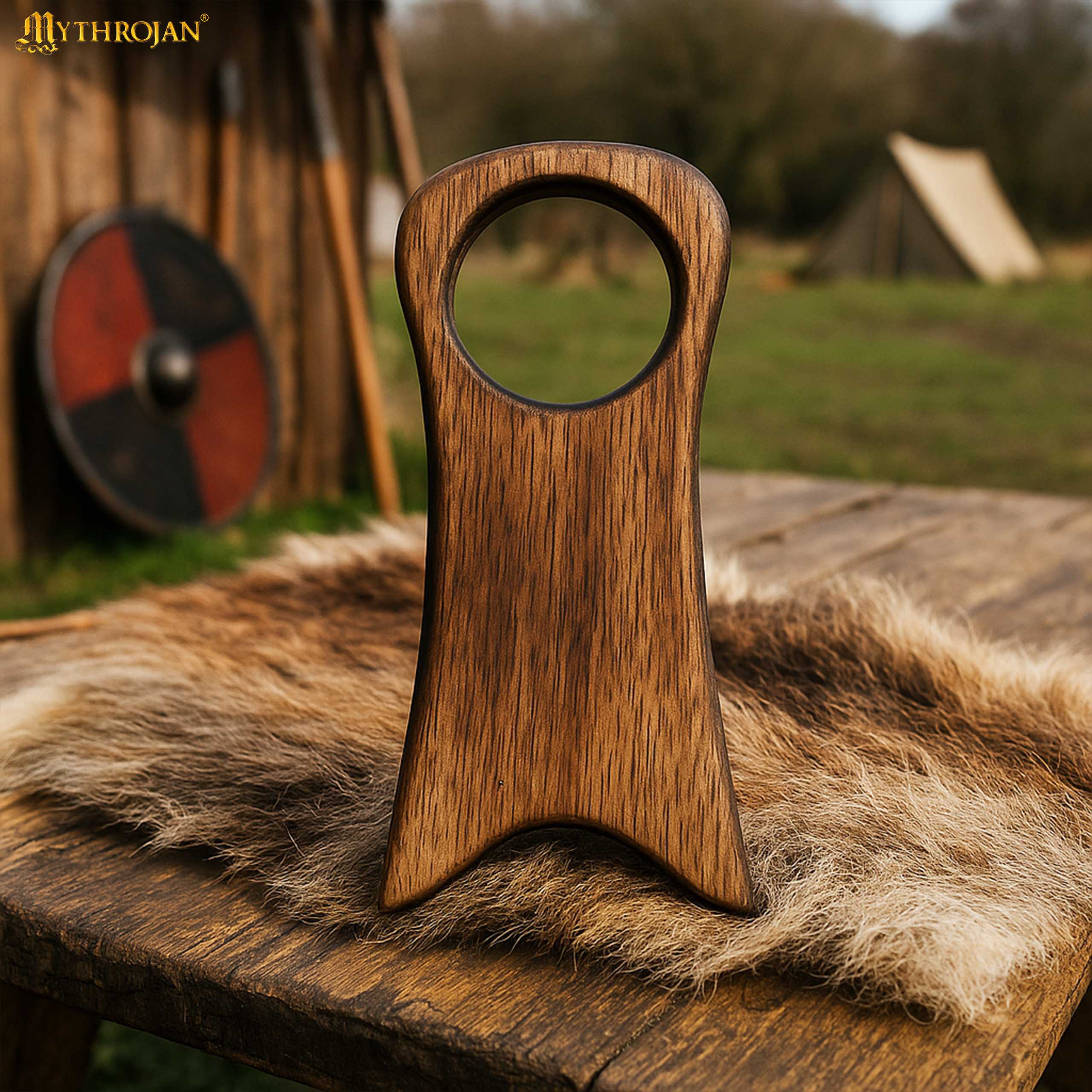 Mythrojan Handcrafted Drinking Horn Rack Solid Wood Mead Ale Horn Rack Medieval & Viking, 7”×3.1”