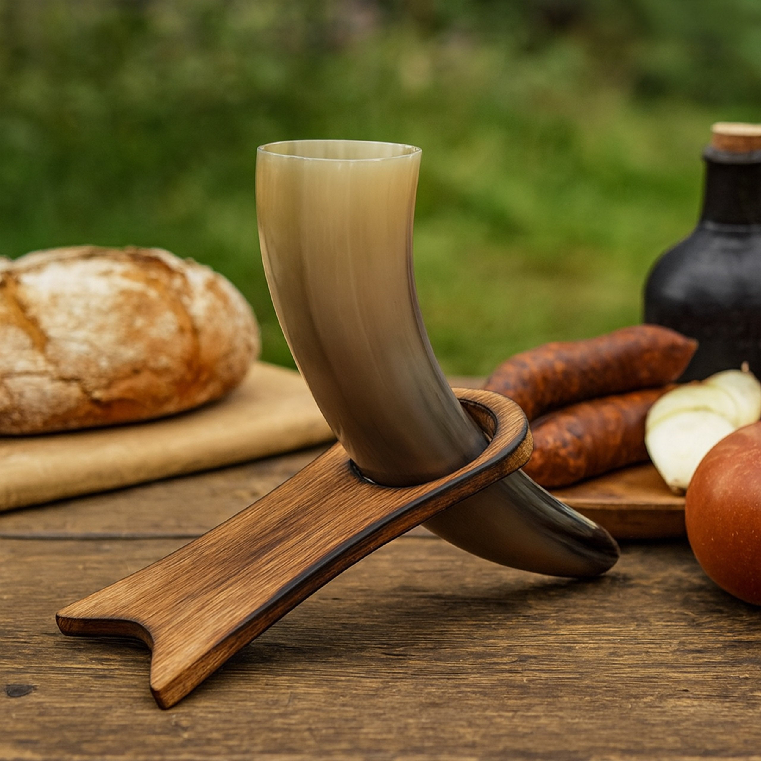 Mythrojan Handcrafted Drinking Horn Rack Solid Wood Mead Ale Horn Rack Medieval & Viking, 7”×3.1”