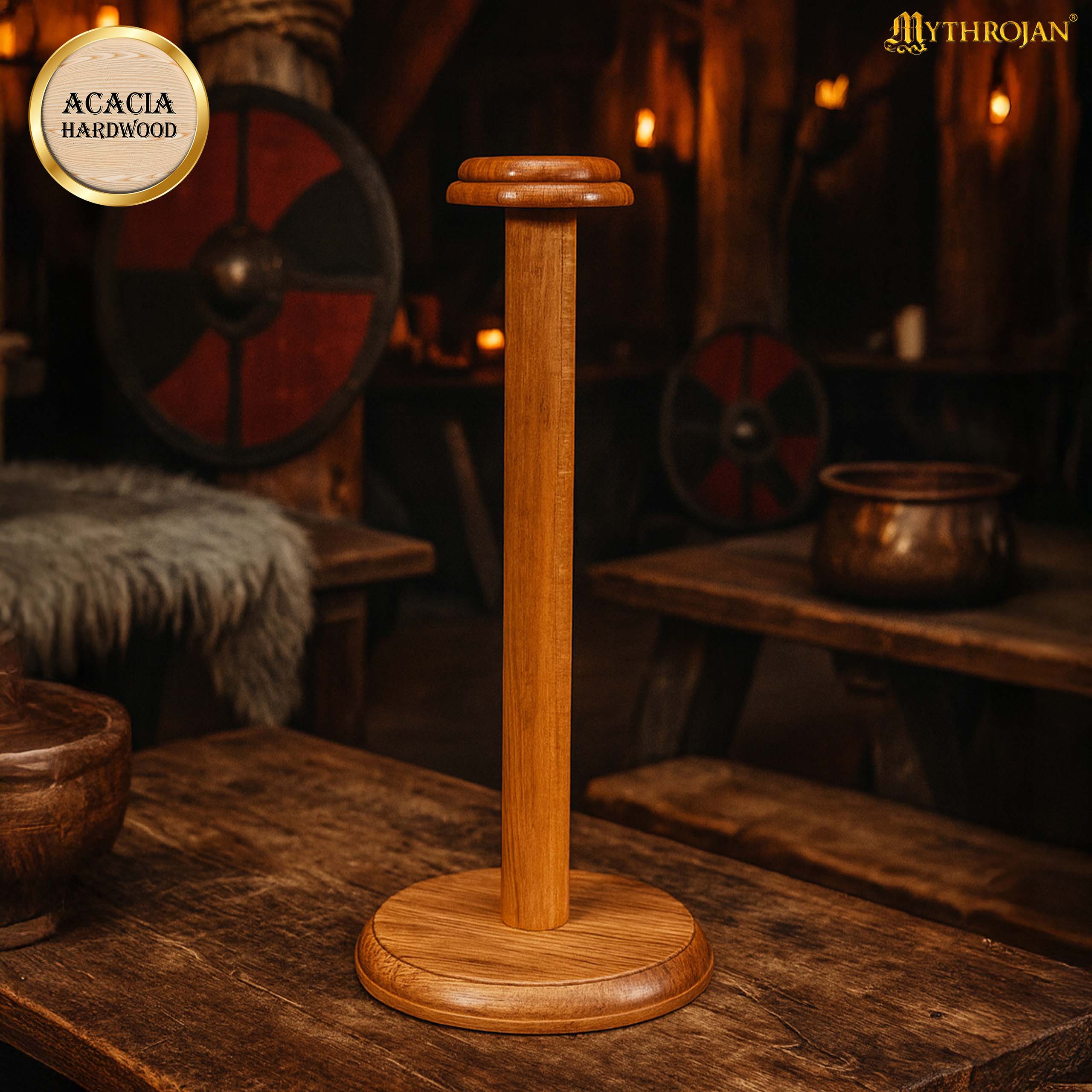 Mythrojan Wooden Helmet Stand Solid Medieval Roman Viking Helmet Display Stand Mask Display Templar Spartan Cosplay LARP Knight Stand - 18"