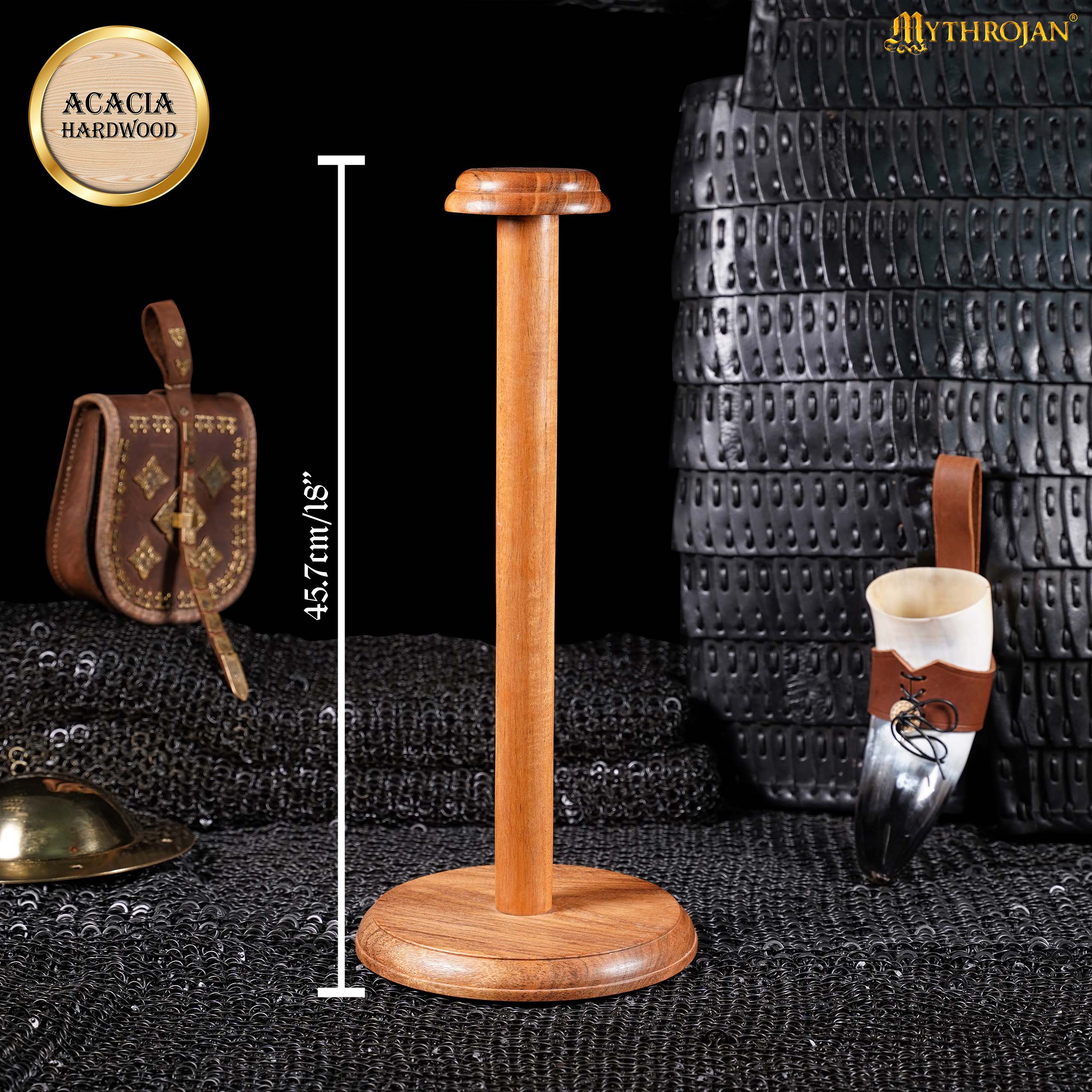 Mythrojan Wooden Helmet Stand Solid Medieval Roman Viking Helmet Display Stand Mask Display Templar Spartan Cosplay LARP Knight Stand - 18"