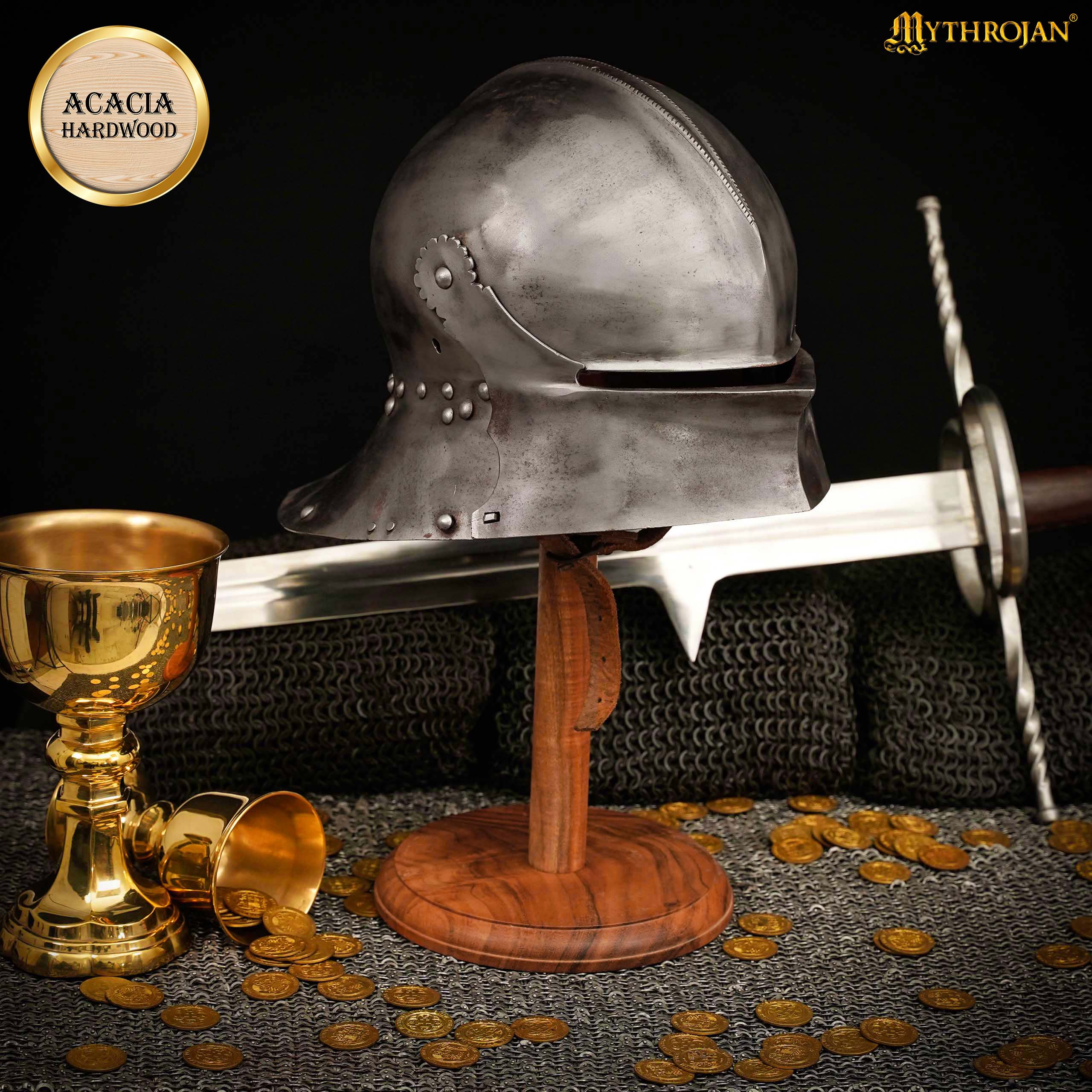 Mythrojan Wooden Helmet Stand Solid Medieval Roman Viking Helmet Display Stand Mask Display Templar Spartan Cosplay LARP Knight Stand - 18"