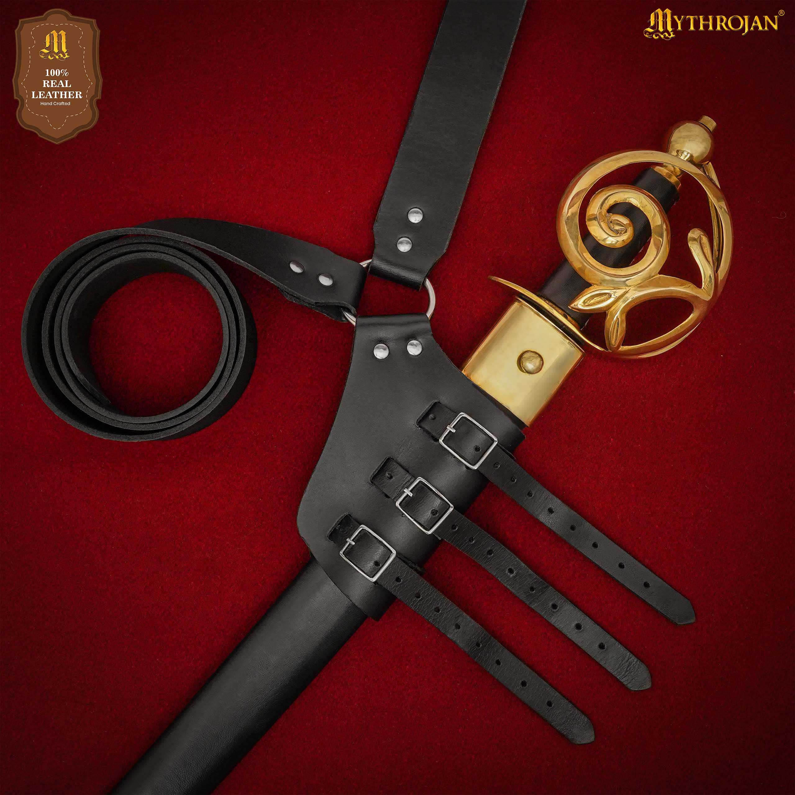 Mythrojan Pirate Captain Baldric Belt, Ideal for Pirate Cutthroat SCA Medieval Renaissance Reenactment Cosplay, Full Grain Leather, Black