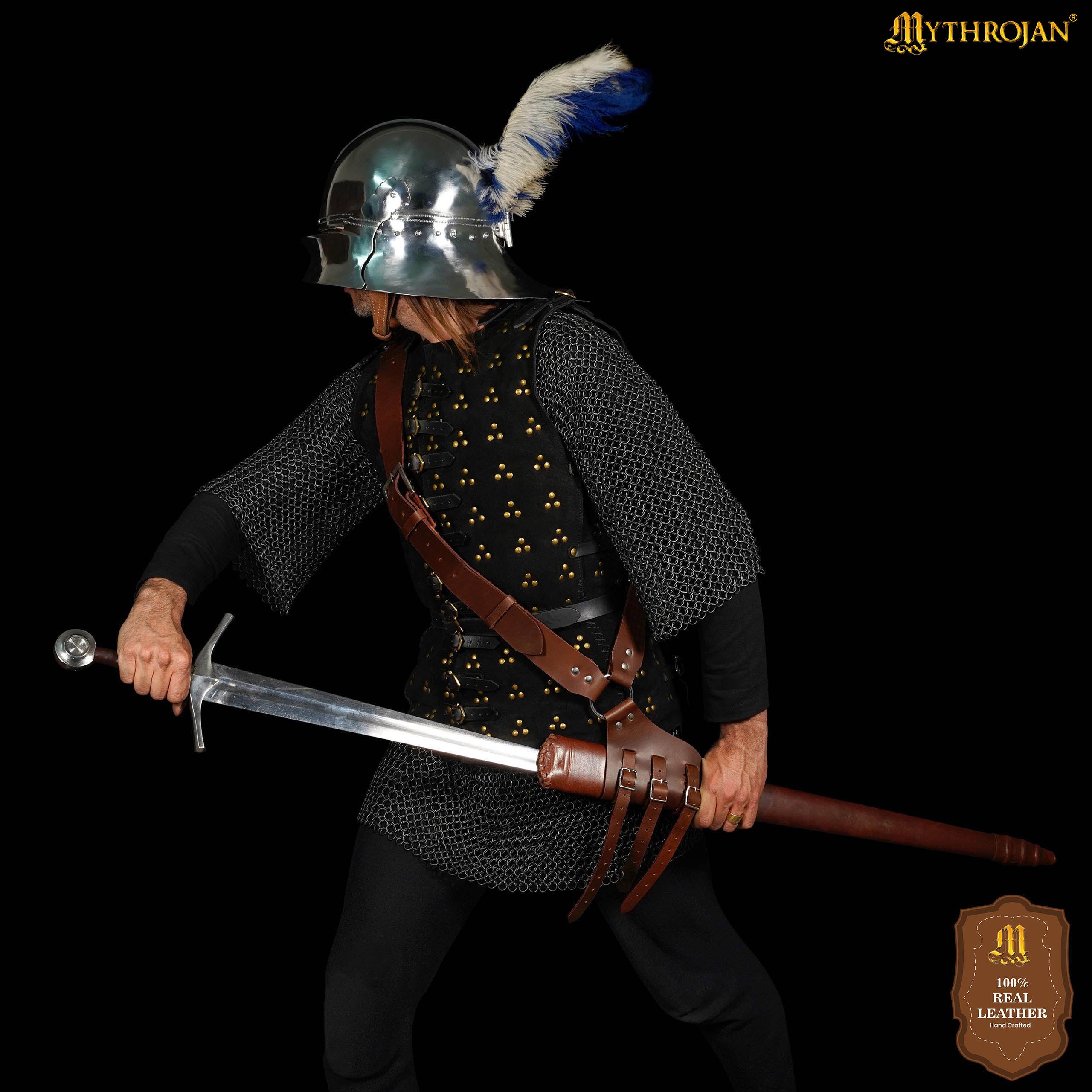 Mythrojan Baldric Leather Sword Belt Medieval Dagger Holster – Right Handed Brown