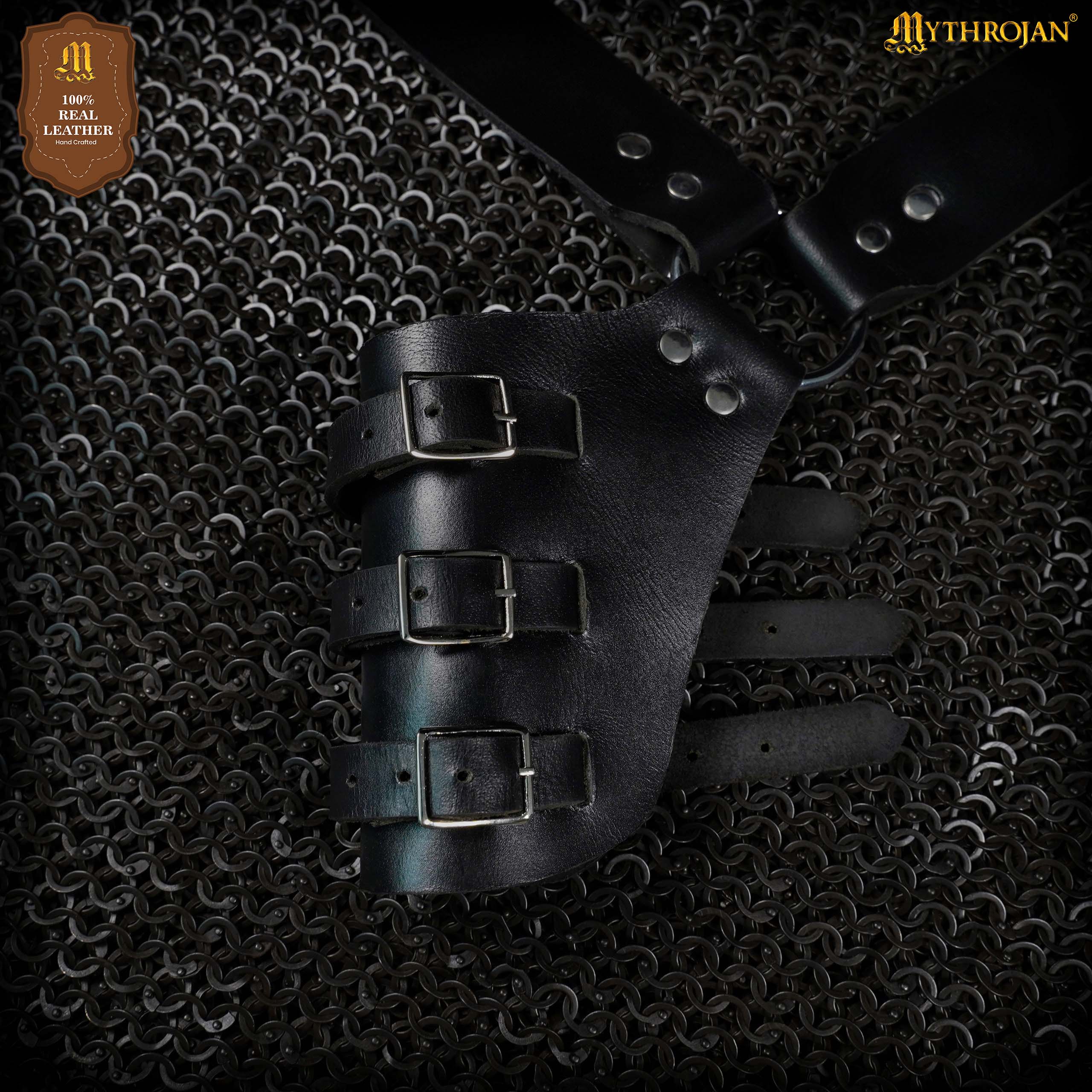 Mythrojan Baldric Leather Sword Belt Medieval Dagger Holster – Right Handed Black