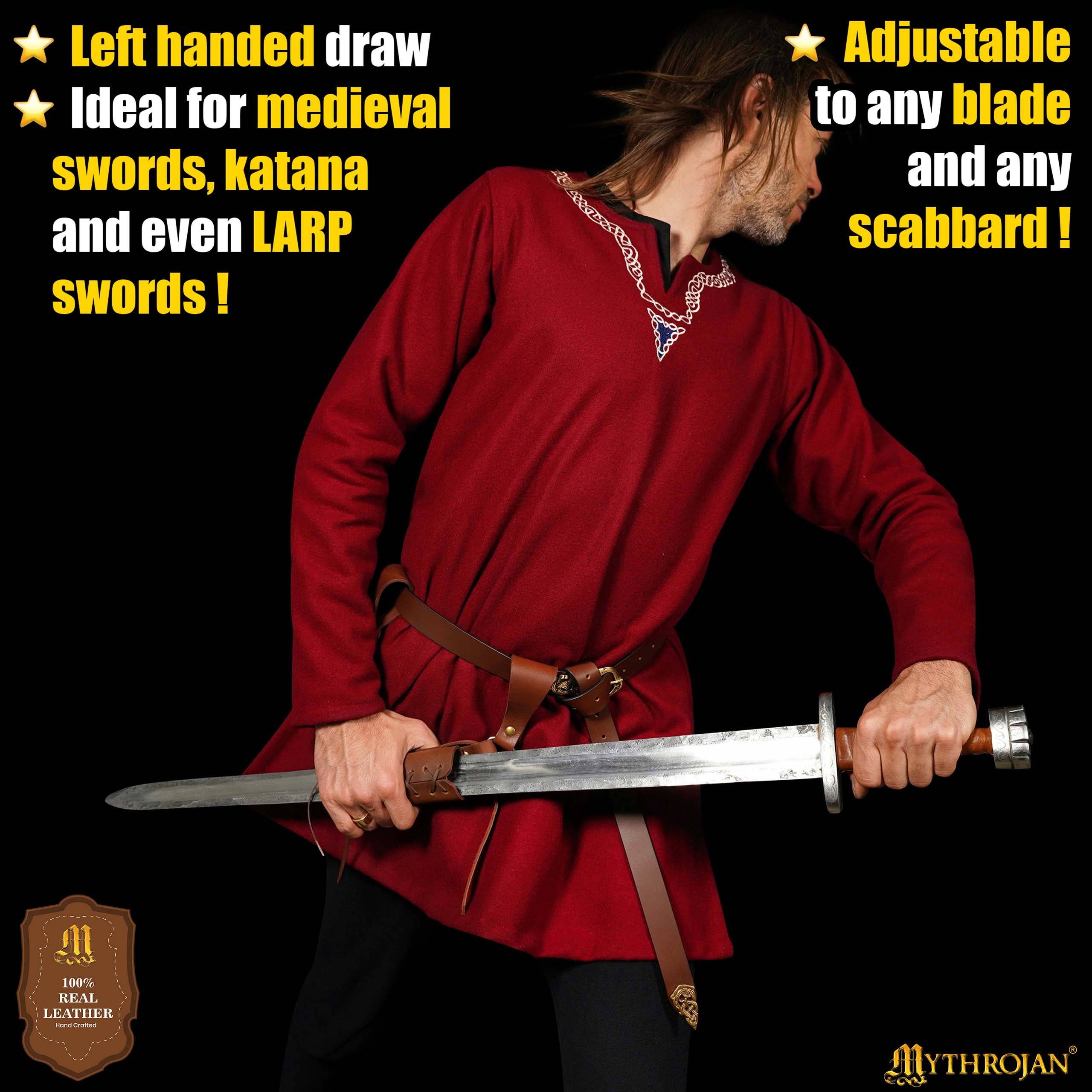 Mythrojan Medieval Leather Sword Frog Universal Rapier Broadsword & Cutlass - Brown