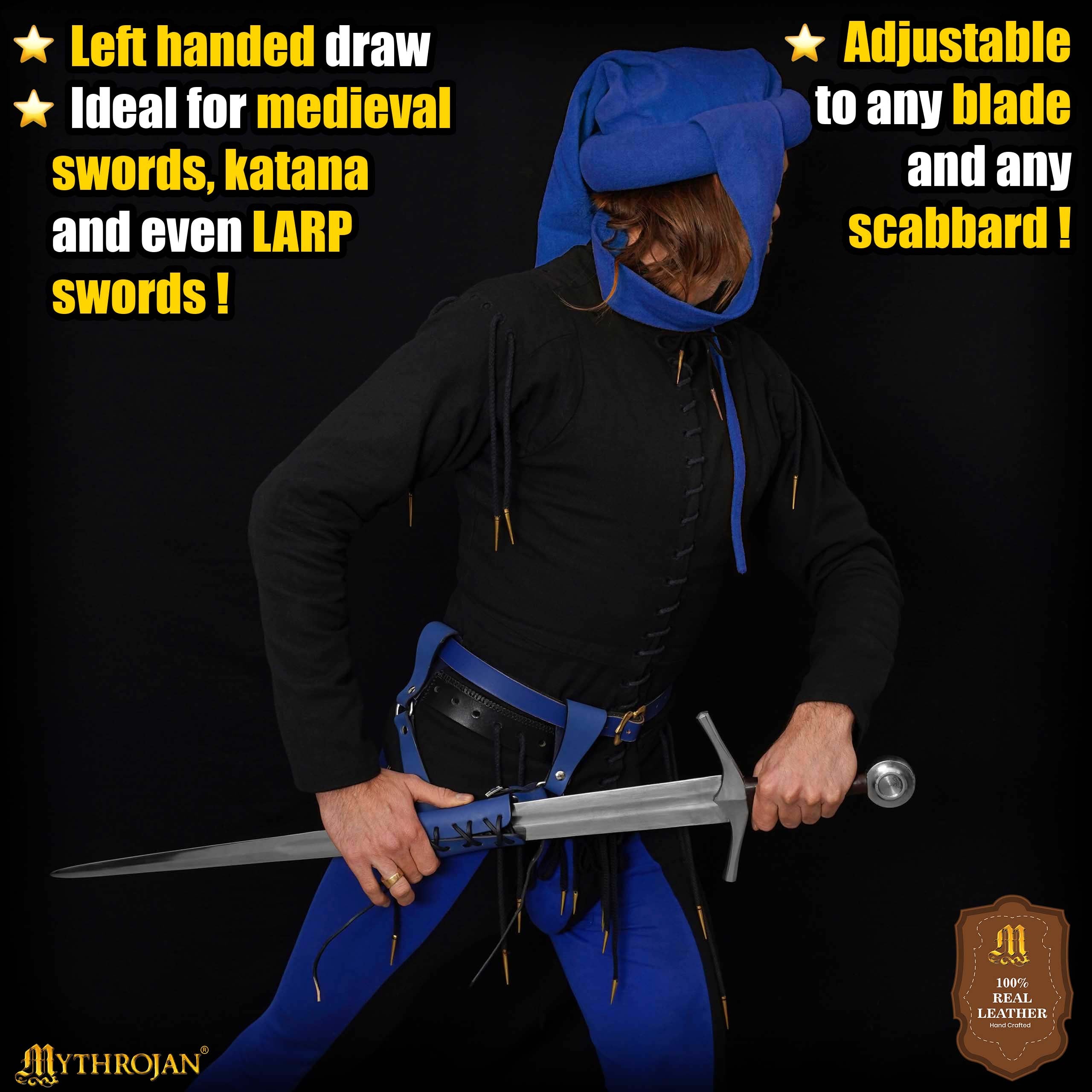 Mythrojan Medieval Right and Left Hand Leather Sword Frog Universal Rapier Broadsword and Cutlass - Blue, Large - 10" X 10"