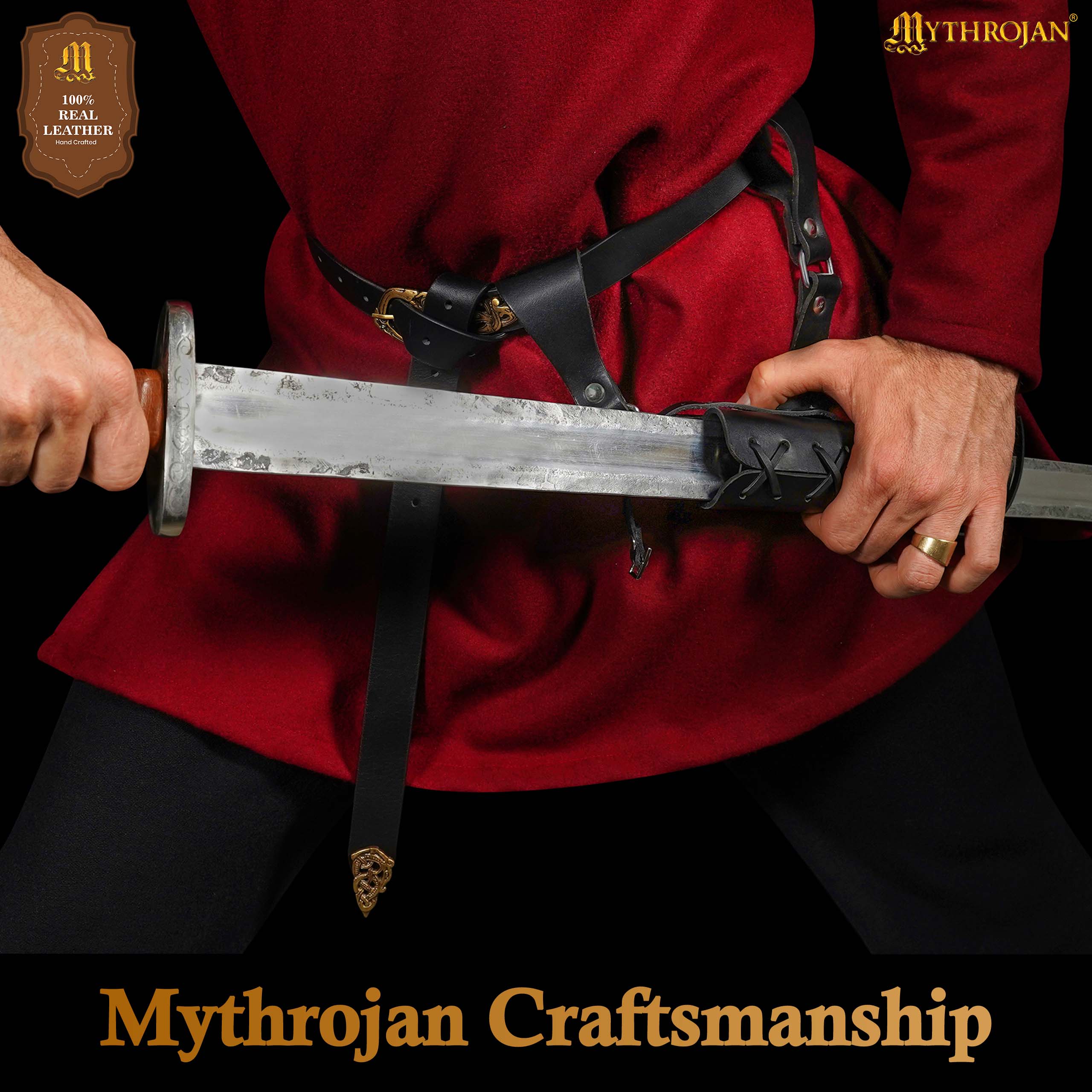 Mythrojan Medieval Leather Sword Frog Universal Rapier Broadsword and Cutlass - Black