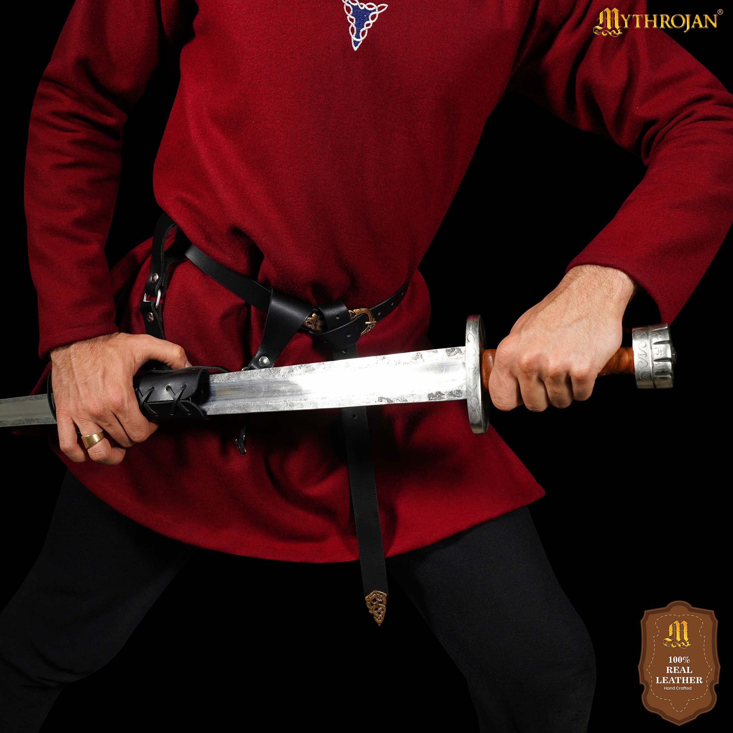 Mythrojan Medieval Leather Sword Frog Universal Rapier Broadsword and Cutlass - Black
