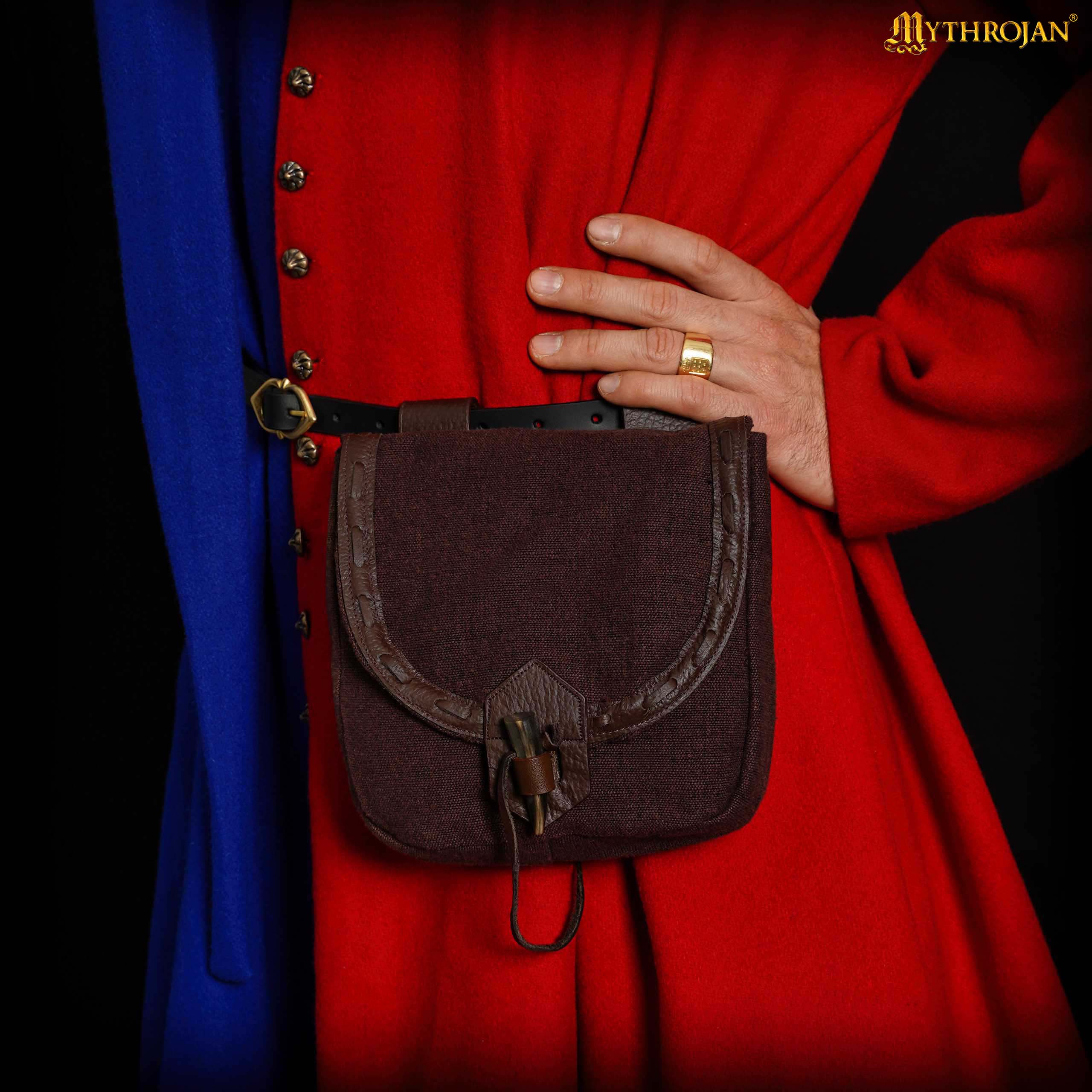 Mythrojan “The Adventurer ’s ” Belt Bag with Horn Toggle, Ideal for SCA LARP Reenactment & Ren fair, Full Grain Leather and Handwoven Canvas, Brown, 8 ” ×7 ”