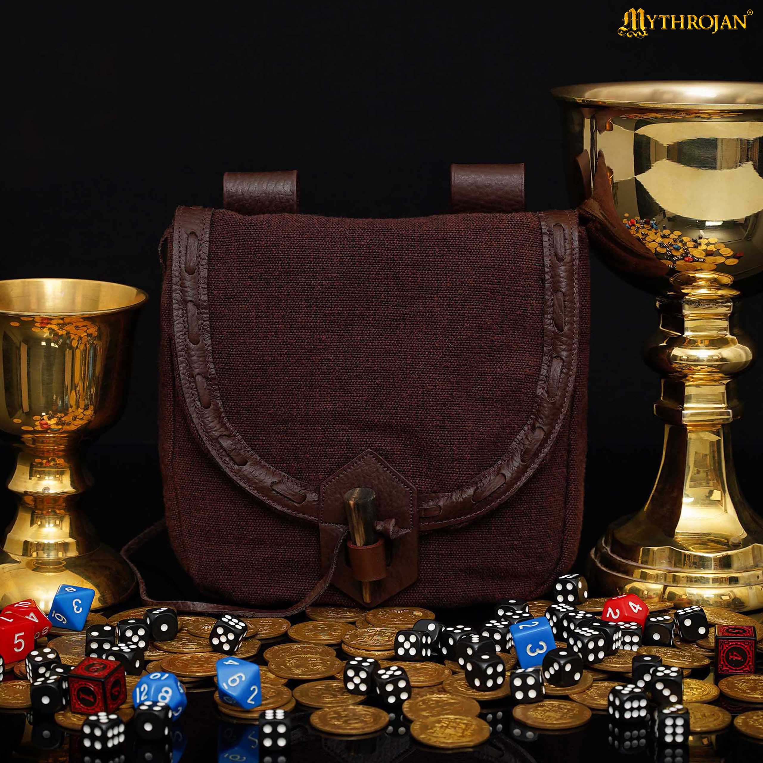 Mythrojan “The Adventurer ’s ” Belt Bag with Horn Toggle, Ideal for SCA LARP Reenactment & Ren fair, Full Grain Leather and Handwoven Canvas, Brown, 8 ” ×7 ”
