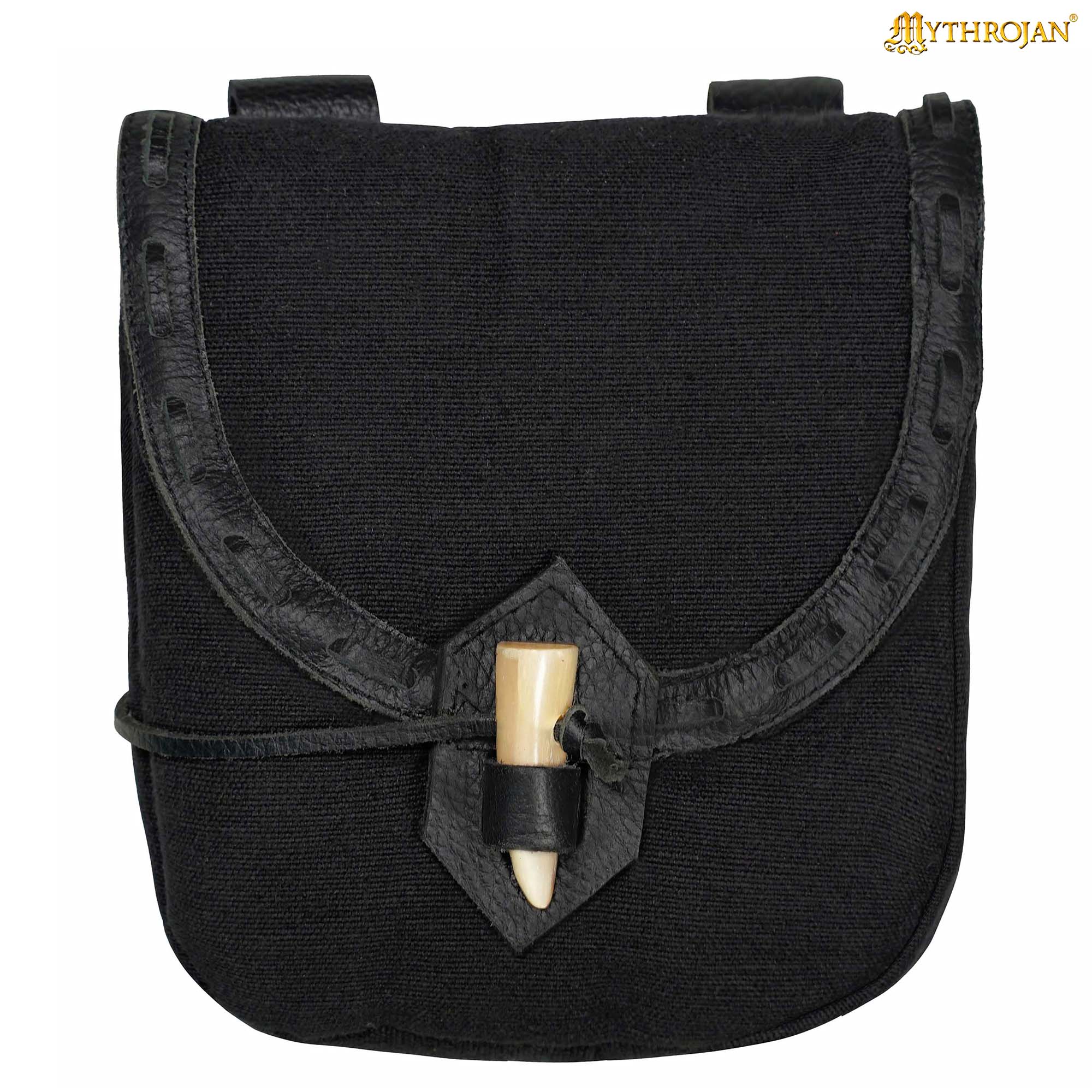 Mythrojan “The Adventurer’s” Belt Bag with Horn Toggle, Ideal for SCA LARP Reenactment & Ren fair, Full Grain Leather and Handwoven Canvas , Black , 8” × 7”