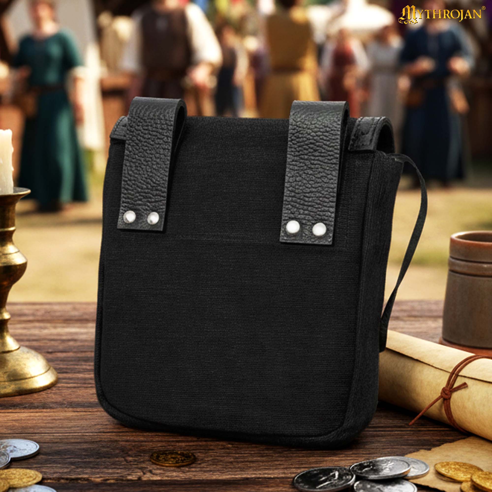 Mythrojan “The Adventurer’s” Belt Bag with Horn Toggle, Ideal for SCA LARP Reenactment & Ren fair, Full Grain Leather and Handwoven Canvas , Black , 8” × 7”