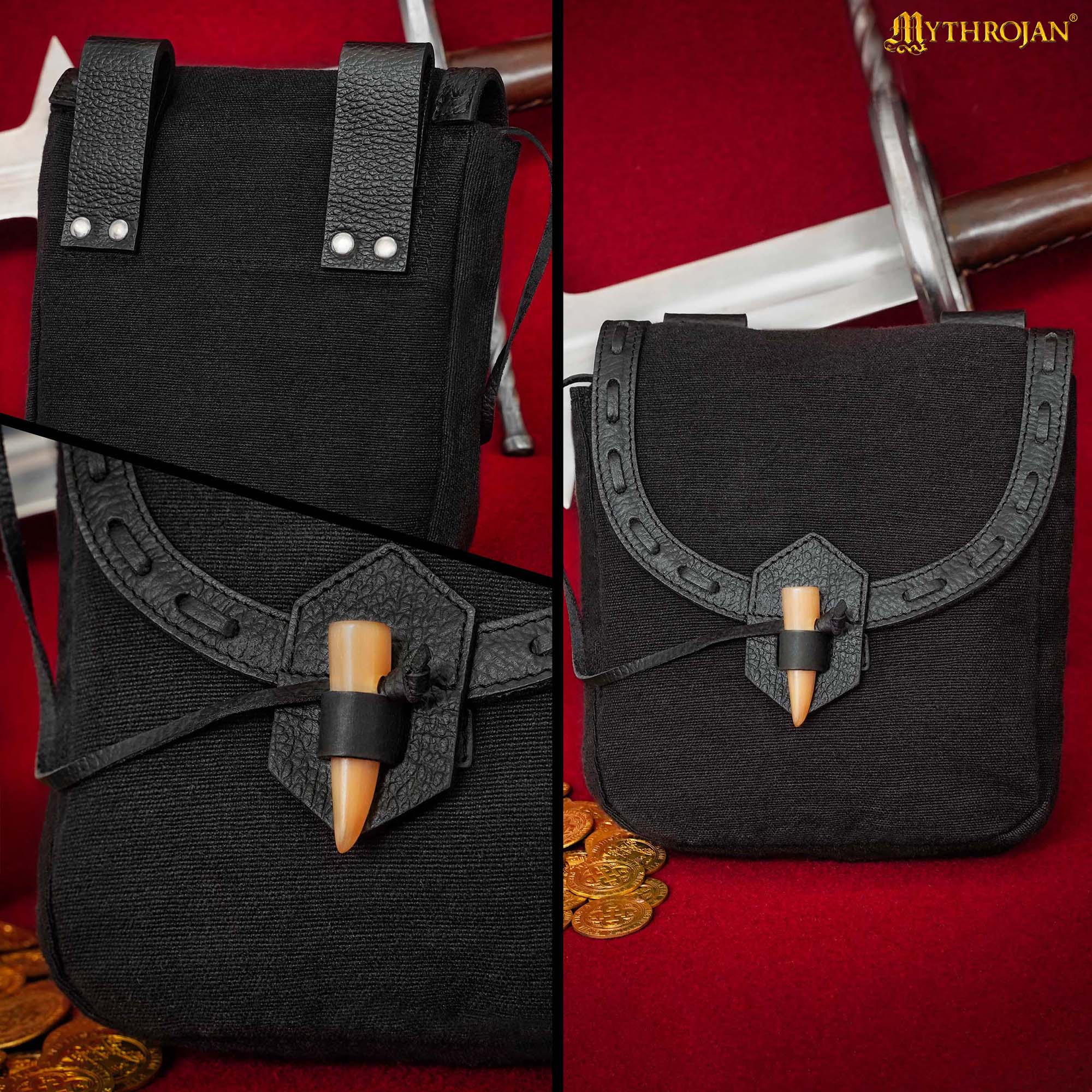 Mythrojan “The Adventurer’s” Belt Bag with Horn Toggle, Ideal for SCA LARP Reenactment & Ren fair, Full Grain Leather and Handwoven Canvas , Black , 8” × 7”