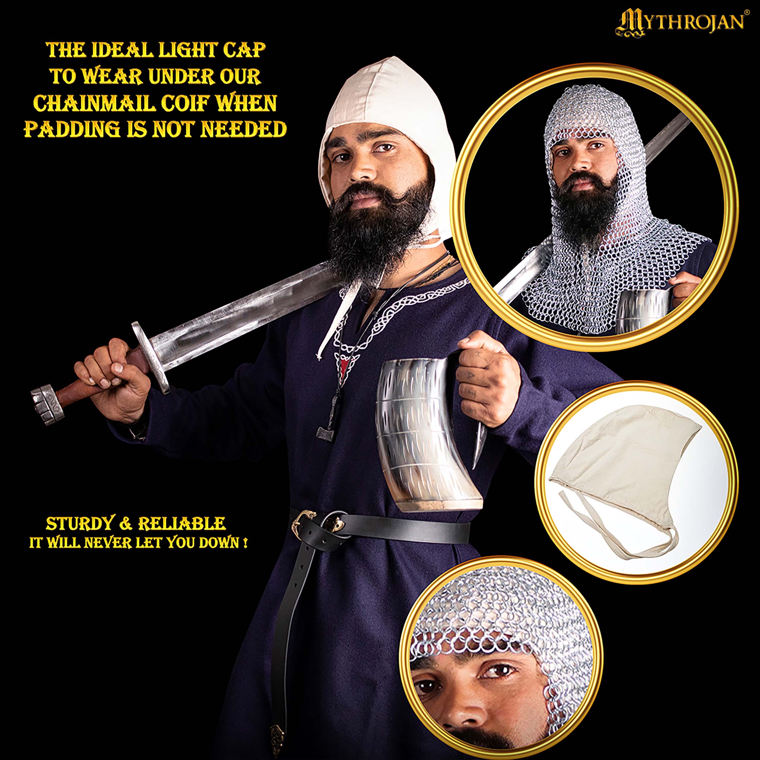 Mythrojan MEDIEVAL LIGHT CANVAS CAP : soft sturdy 100% cotton coif for your next costume