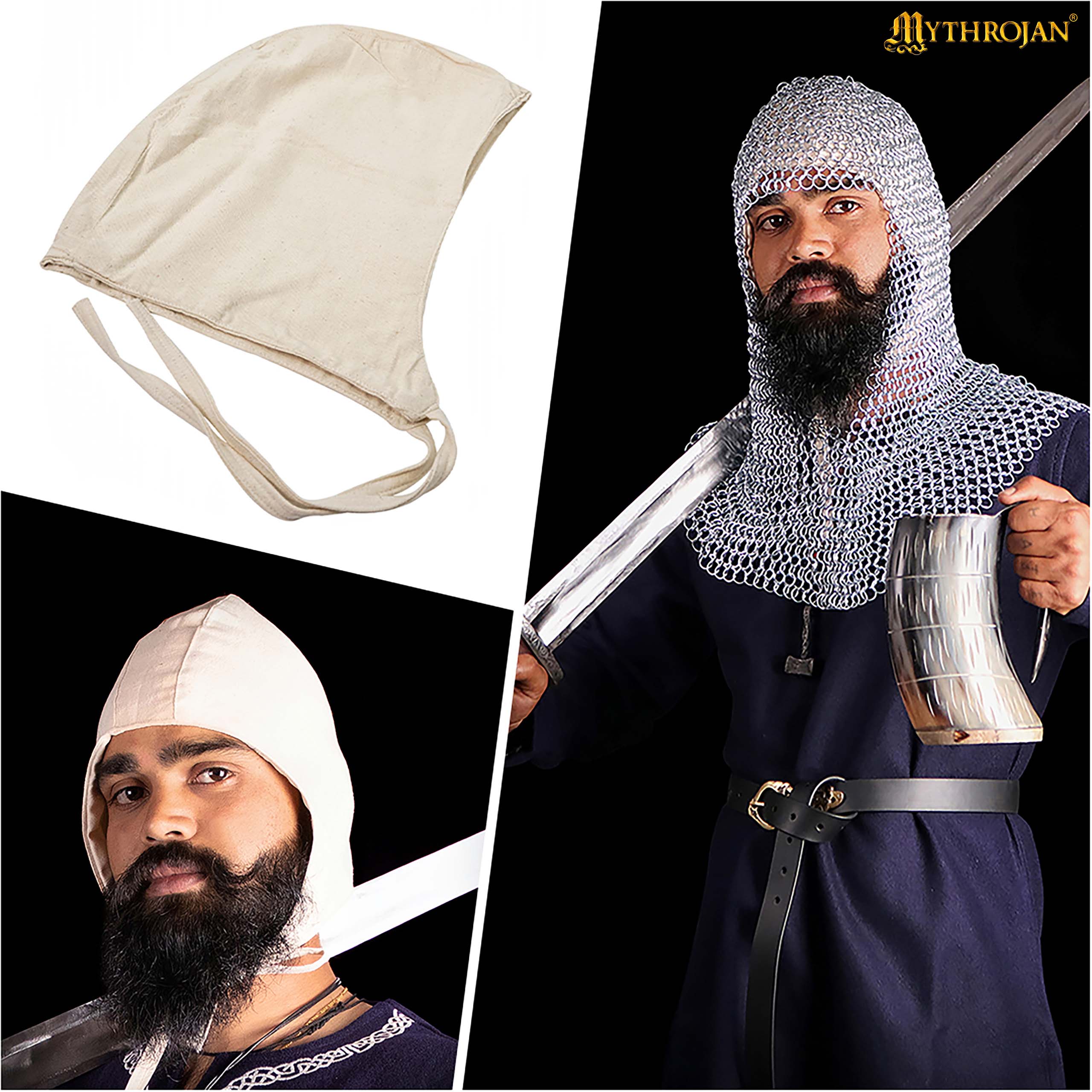 Mythrojan MEDIEVAL LIGHT CANVAS CAP : soft sturdy 100% cotton coif for your next costume