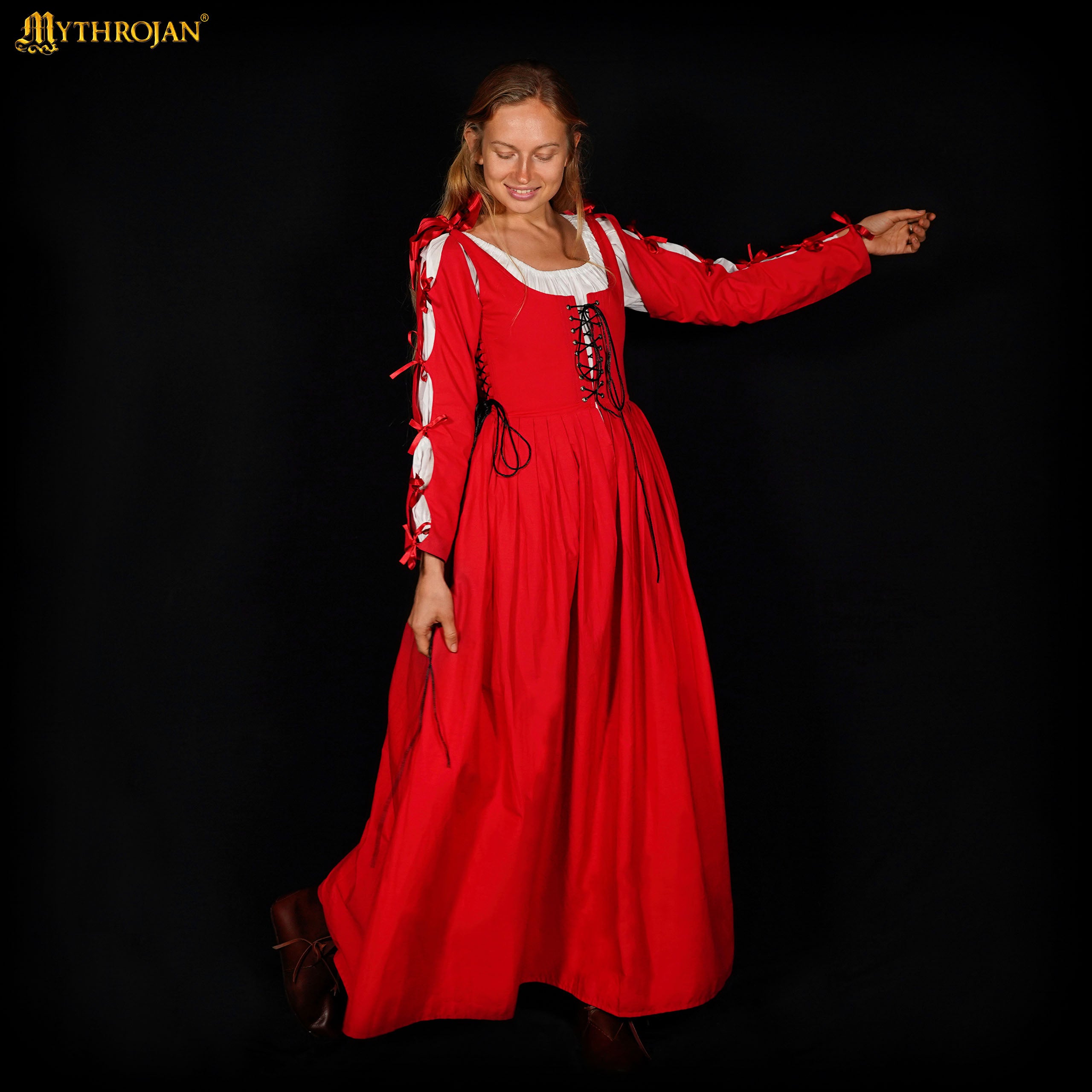 Mythrojan Renaissance Dresses for Women Medieval Costume Irish Long Over Dress Victorian Vintage Halloween - Red