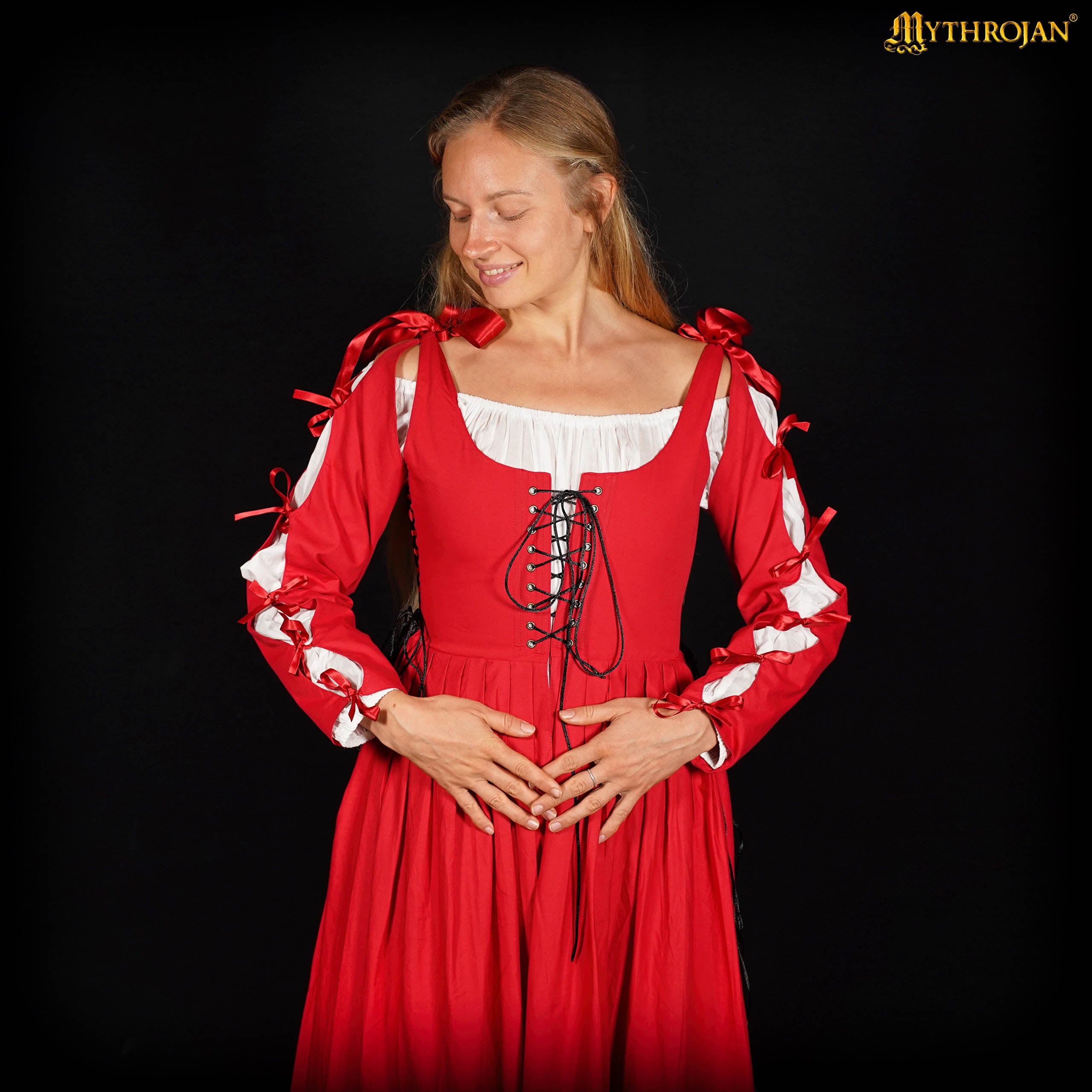 Mythrojan Renaissance Dresses for Women Medieval Costume Irish Long Over Dress Victorian Vintage Halloween - Red