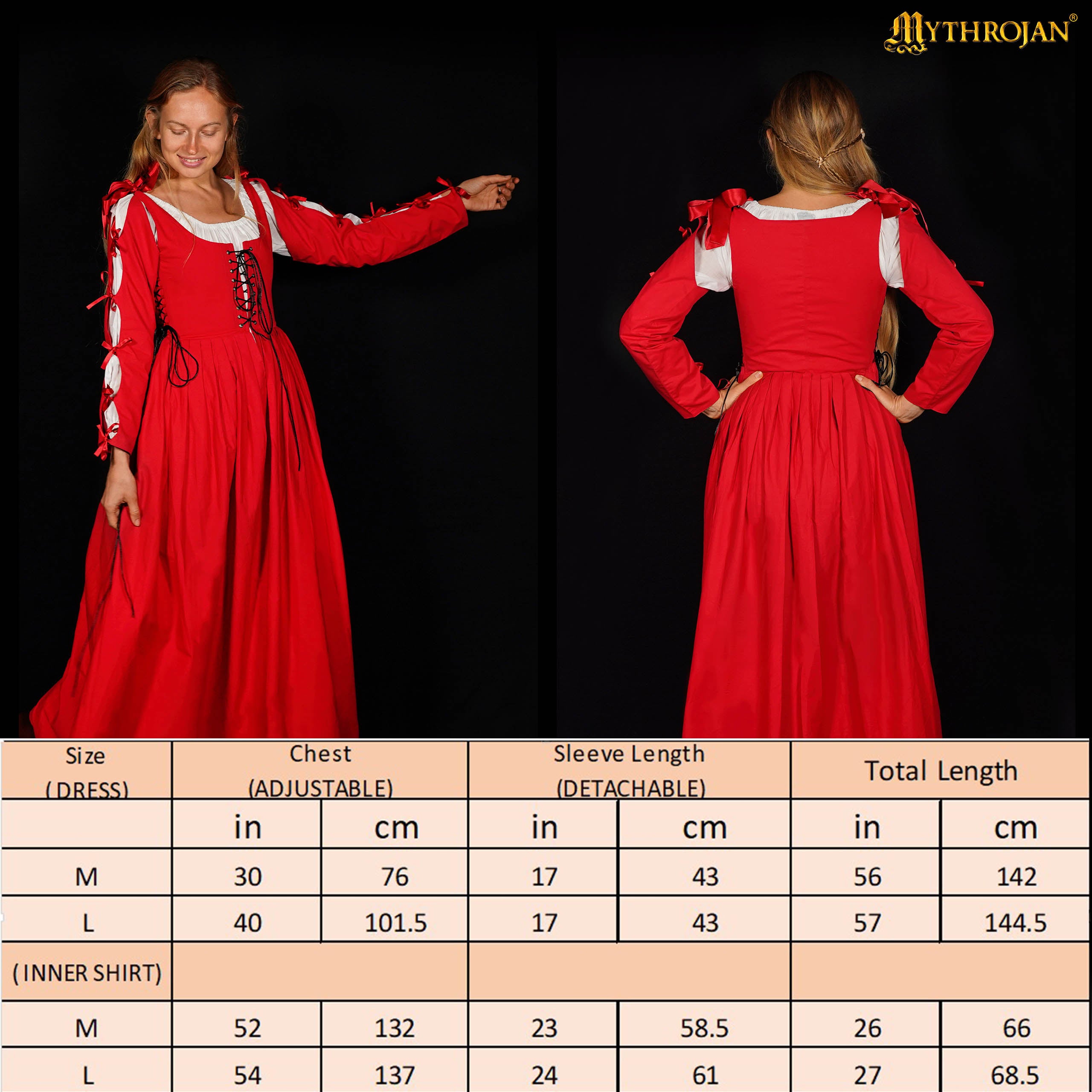 Mythrojan Renaissance Dresses for Women Medieval Costume Irish Long Over Dress Victorian Vintage Halloween - Red