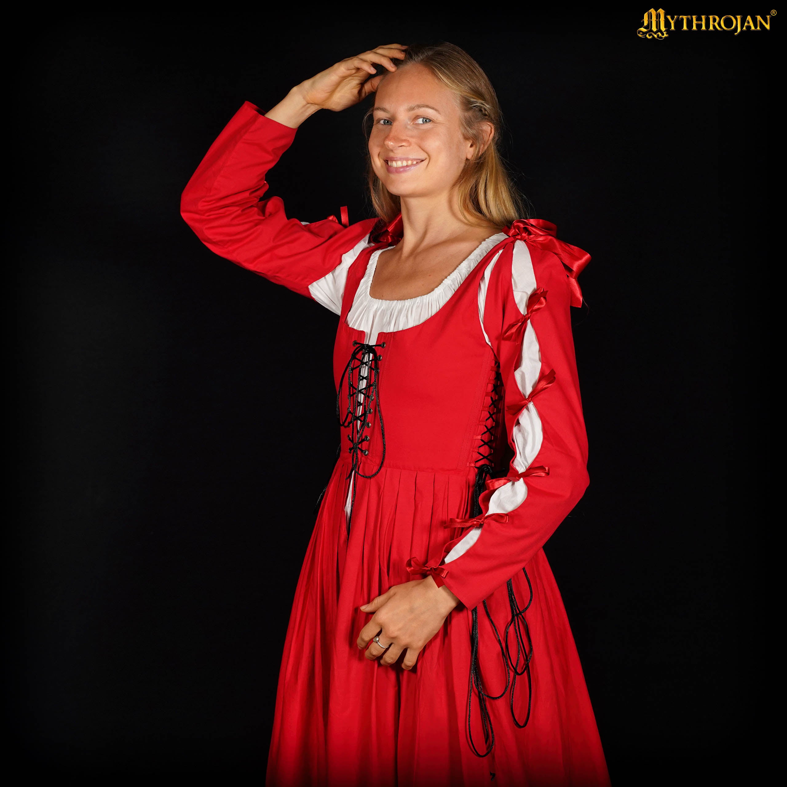 Mythrojan Renaissance Dresses for Women Medieval Costume Irish Long Over Dress Victorian Vintage Halloween - Red