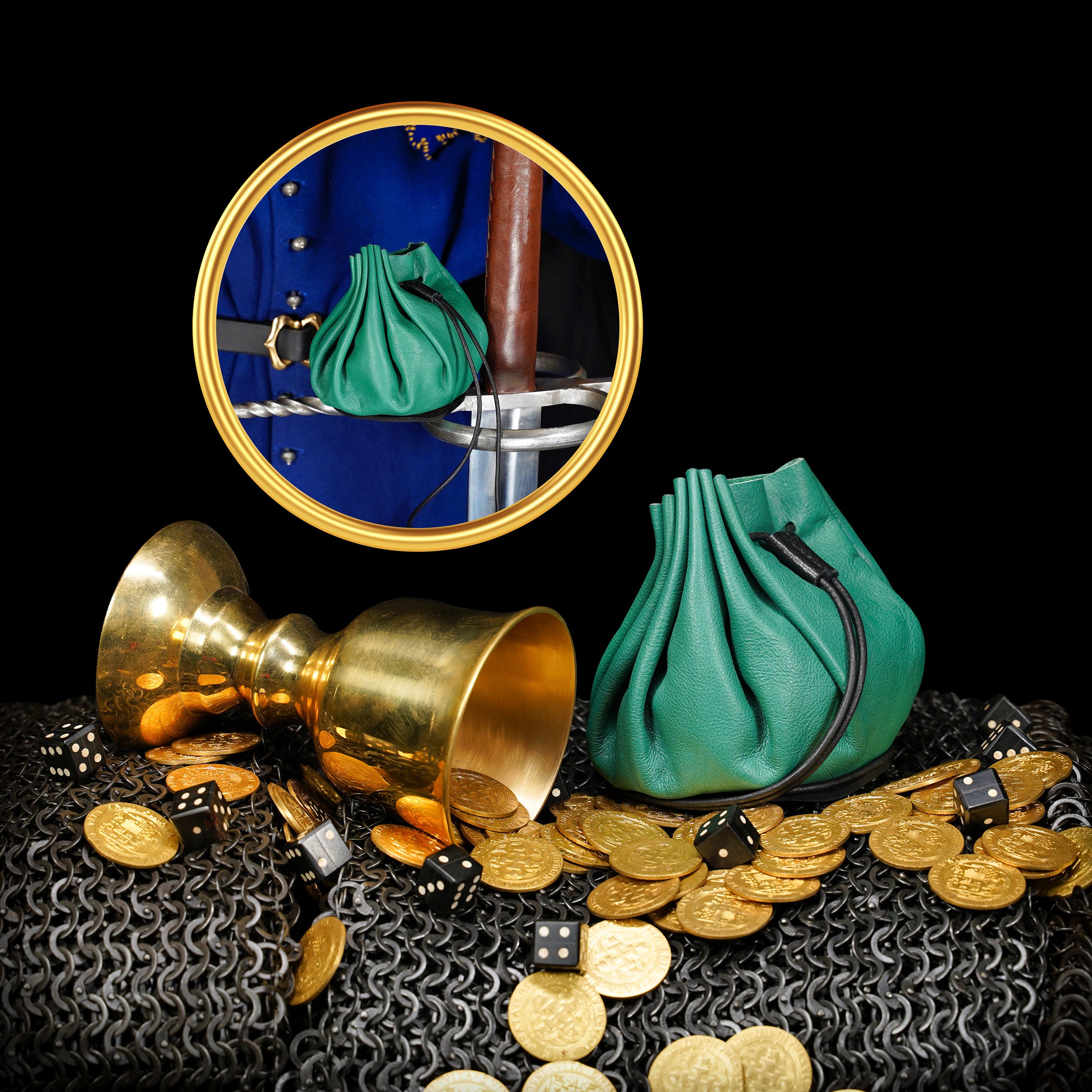 Mythrojan “Gold and Dice” Medieval Drawstring Bag, Ideal for SCA LARP Reenactment & Ren fair-Full Grain Leather, Green 3.5”
