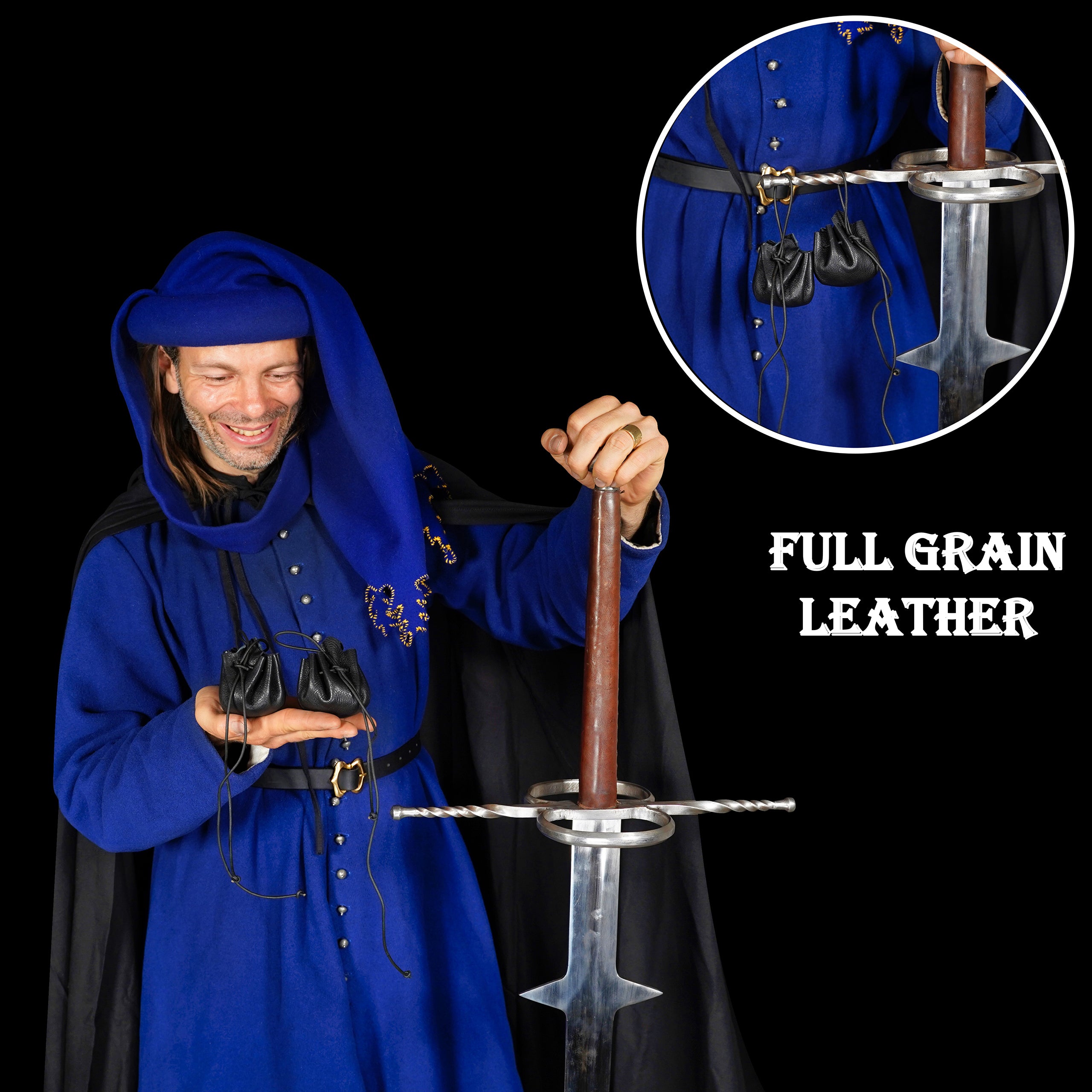 Mythrojan Pair of Medieval Drawstring Pouches, Ideal for SCA LARP Reenactment & Ren fair Full Grain Leather, Black 3.5”×1.9”