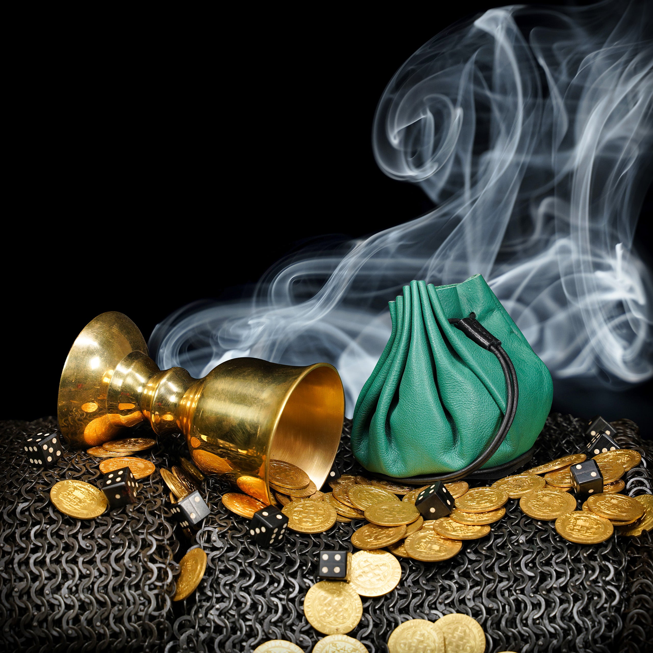 Mythrojan “Gold and Dice” Medieval Drawstring Bag, Ideal for SCA LARP Reenactment & Ren fair-Full Grain Leather, Green 3.5”