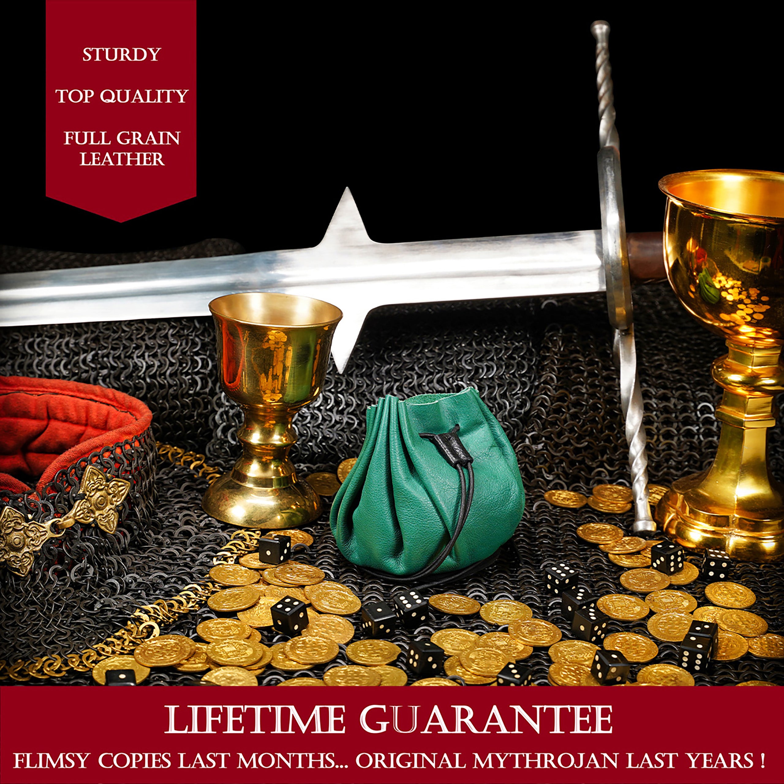 Mythrojan “Gold and Dice” Medieval Drawstring Bag, Ideal for SCA LARP Reenactment & Ren fair-Full Grain Leather, Green 3.5”