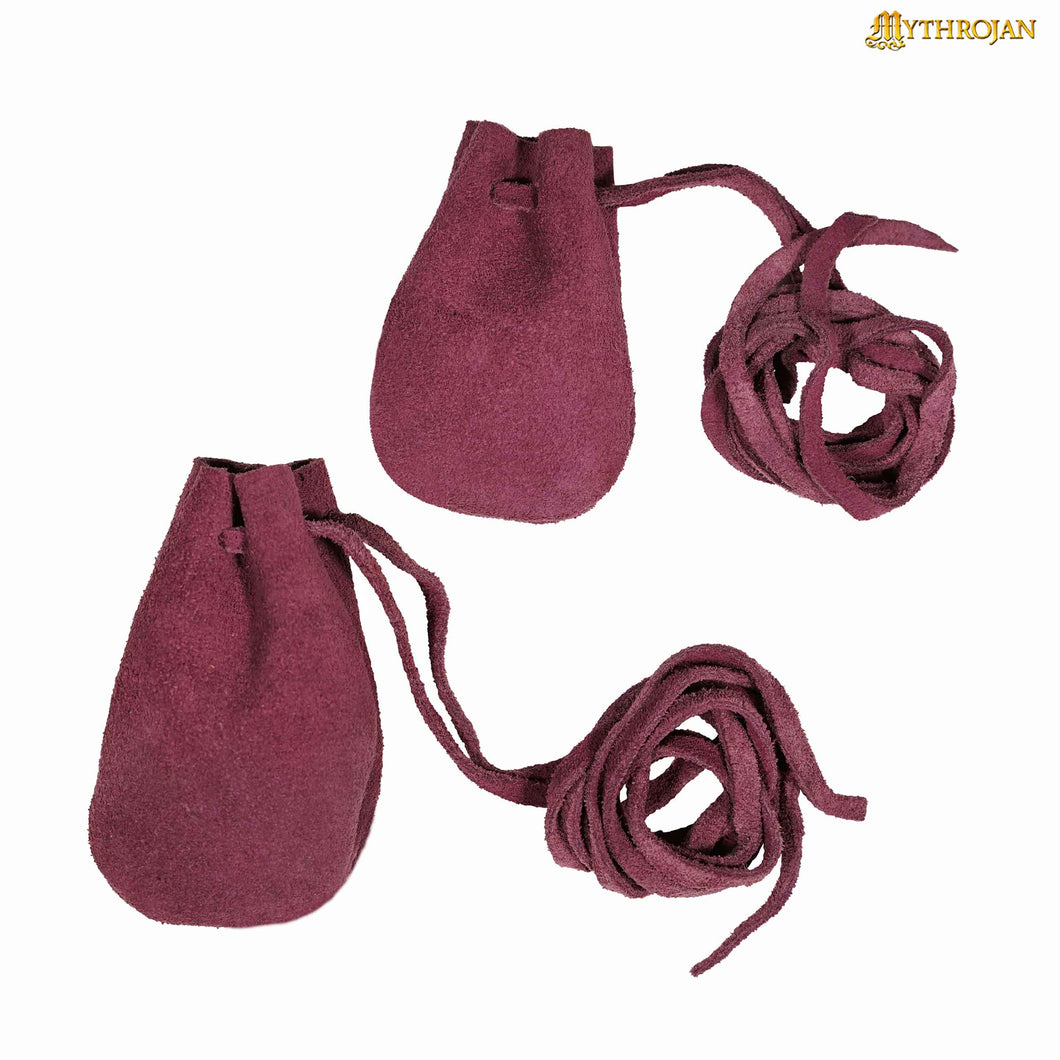 Mythrojan Pair of Medieval Drawstring Pouches, Ideal for SCA LARP Reenactment & Ren fair - Suede Leather, Purple