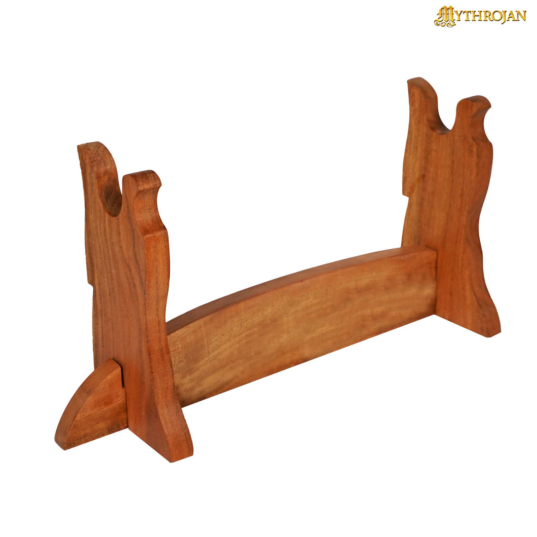 Mythrojan Solid Wood Sword Stand, also Ideal for Axe, Samurai Katana, Gladiator or Crusader Swords, One Tier Stand, 17”×8”
